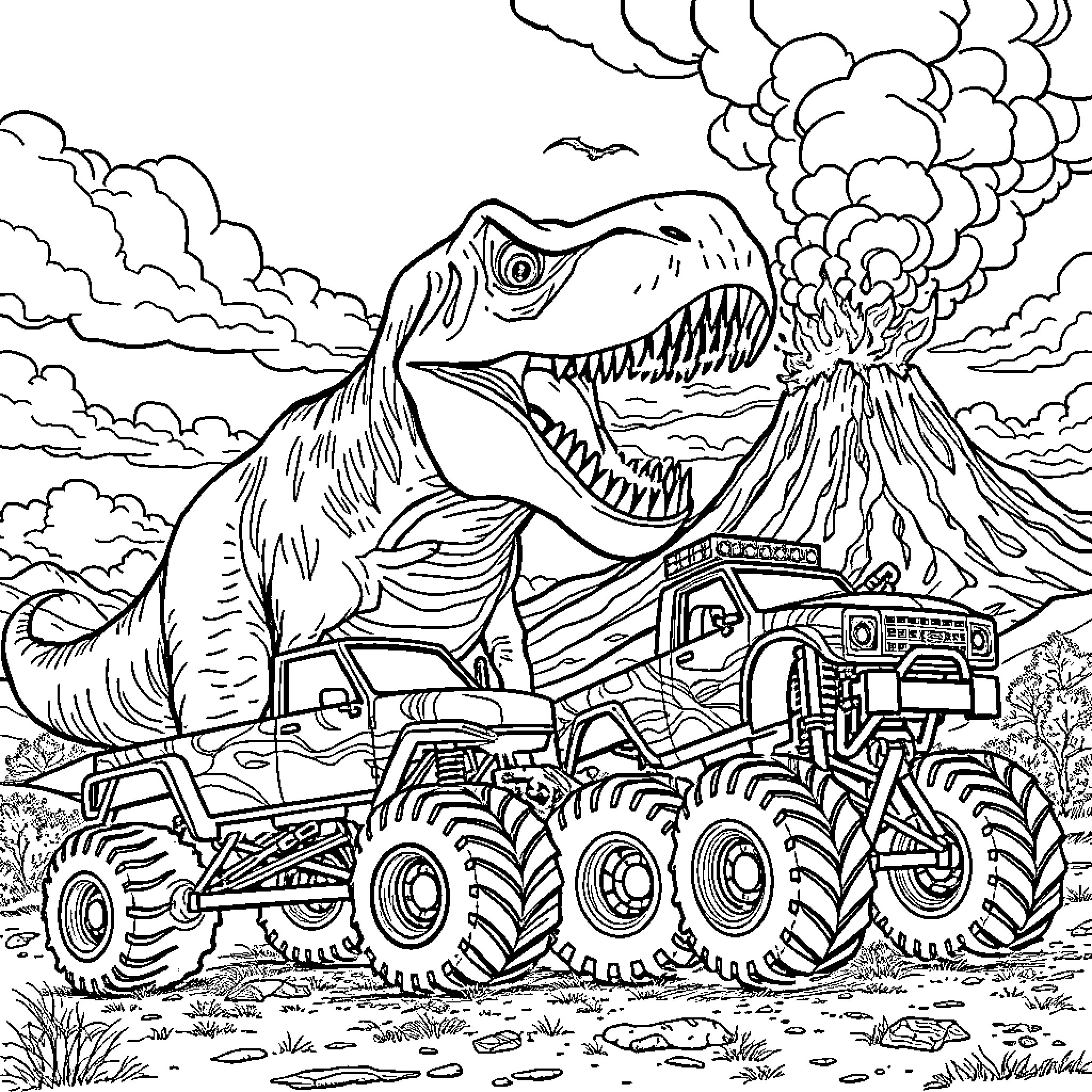 T-Rex Unleashed: Monster Trucks Confront Fierce Predator Coloring Page (free black-and-white line drawing printable PDF for all, from beginners to advanced learners, including children, teens, adults, and seniors)