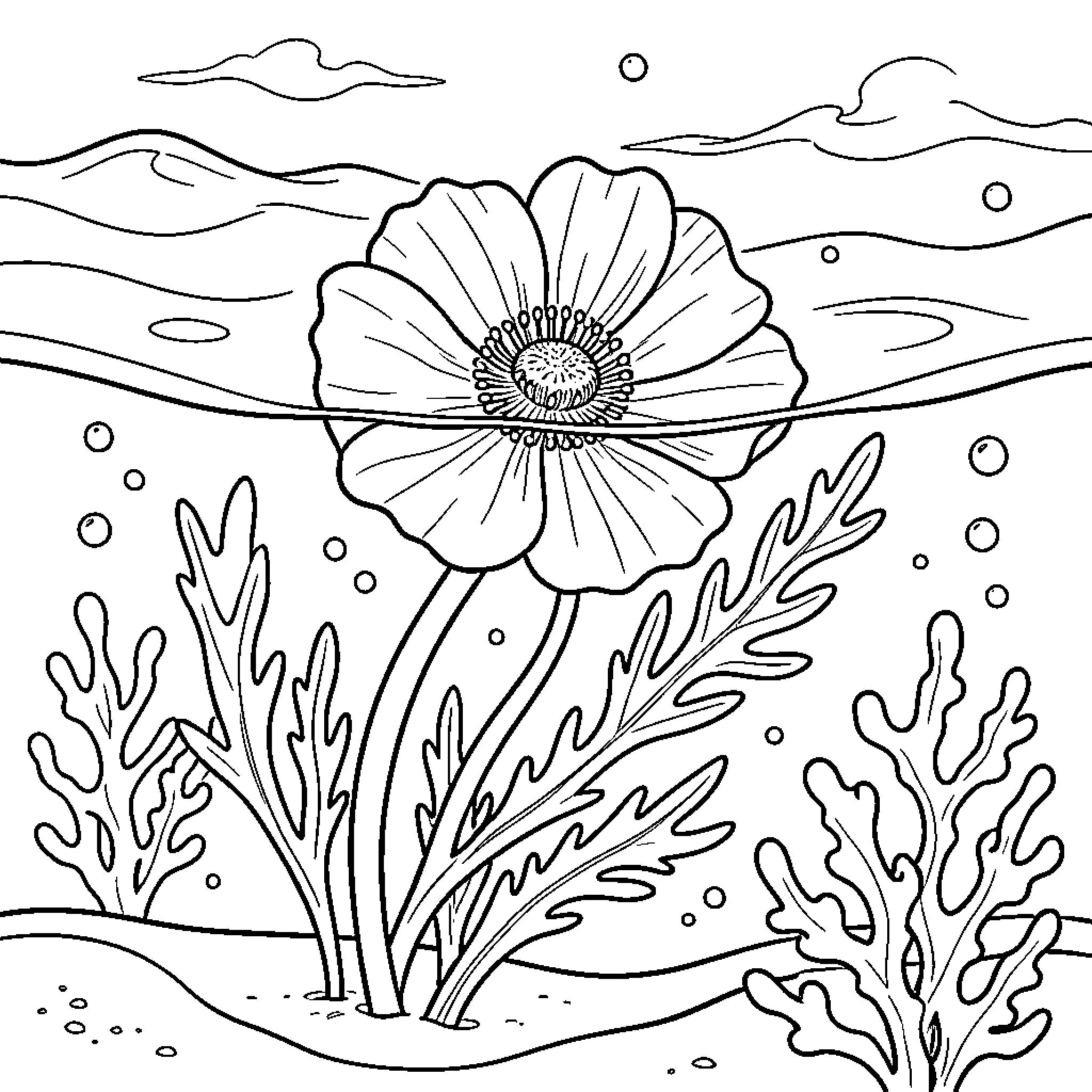 Anemone flower in serene underwater landscape Coloring Page (free black-and-white line drawing printable PDF for all, from beginners to advanced learners, including children, teens, adults, and seniors)
