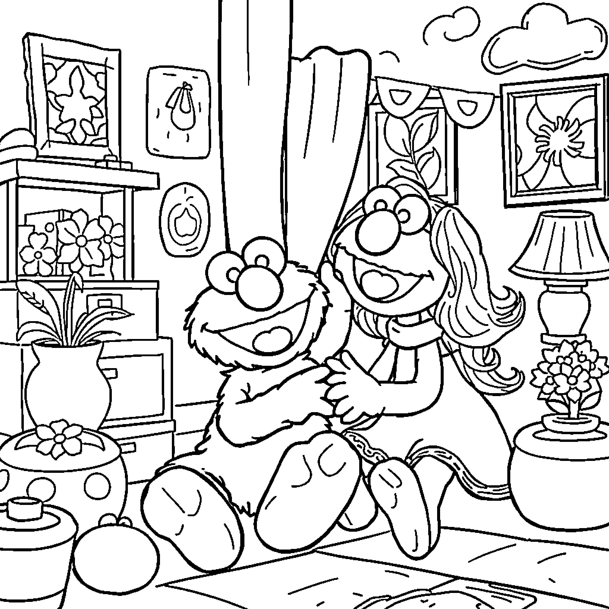 Elmo and Abby playing together in a cozy room Coloring Page (free black-and-white line drawing printable PDF for all, from beginners to advanced learners, including children, teens, adults, and seniors)
