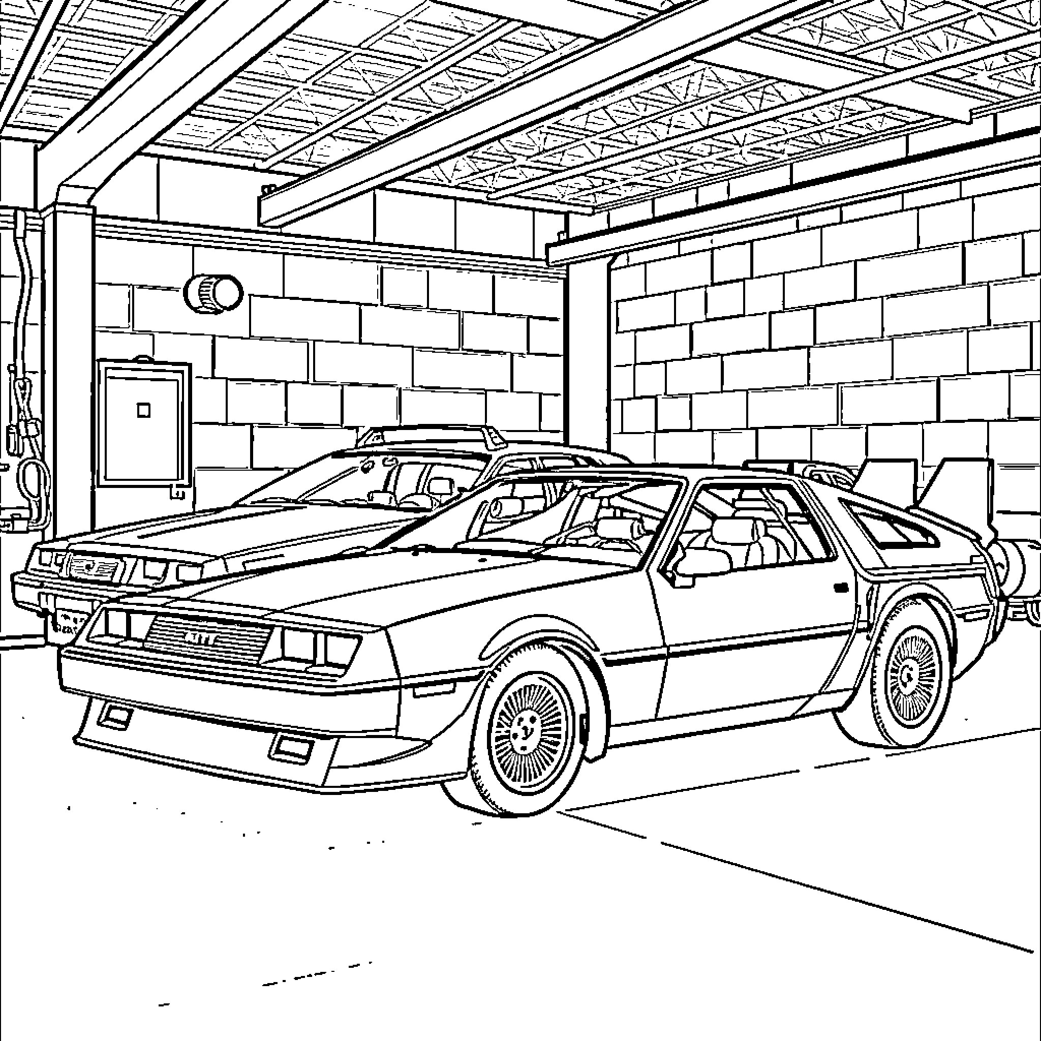 Car parked in garage with industrial setting Coloring Page (free black-and-white line drawing printable PDF for all, from beginners to advanced learners, including children, teens, adults, and seniors)