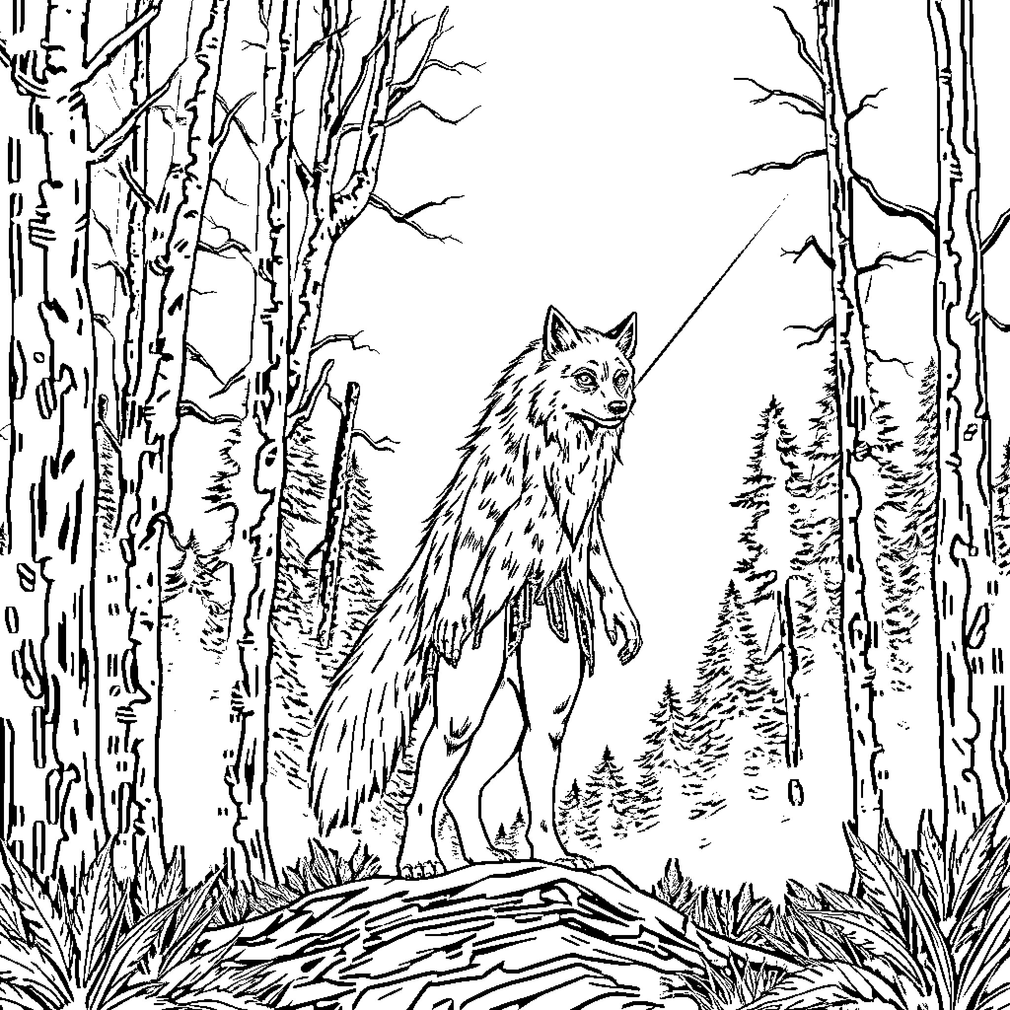 Werewolf howling in the dark forest Coloring Page (free black-and-white line drawing printable PDF for all, from beginners to advanced learners, including children, teens, adults, and seniors)