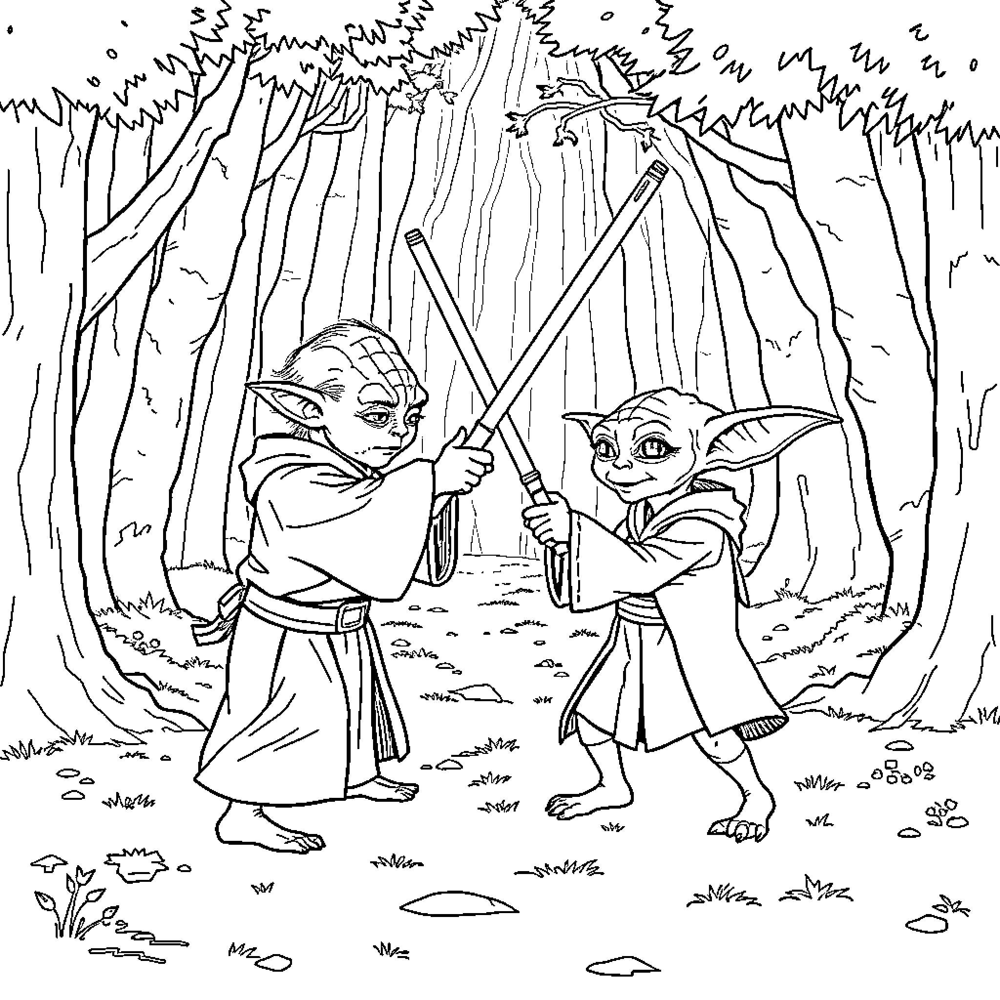 Yoda and Apprentice in Forest Coloring Page (free black-and-white line drawing printable PDF for all, from beginners to advanced learners, including children, teens, adults, and seniors)