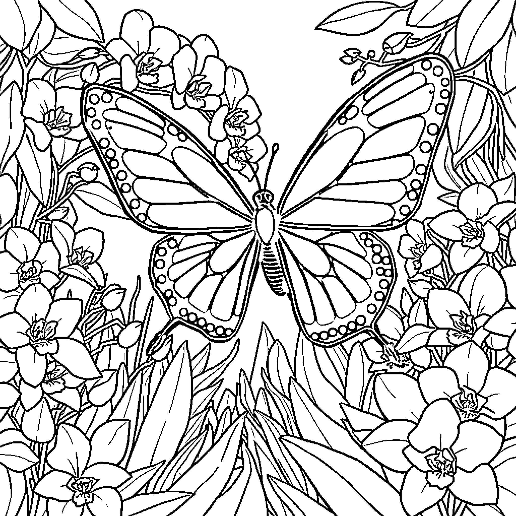 Butterfly among floral illustrations Coloring Page (free black-and-white line drawing printable PDF for all, from beginners to advanced learners, including children, teens, adults, and seniors)
