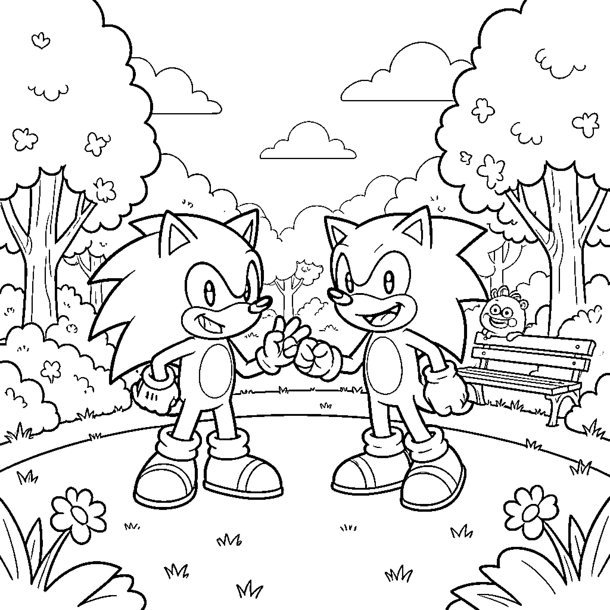 Sonic characters giving high fives in a park Coloring Page (free black-and-white line drawing printable PDF for all, from beginners to advanced learners, including children, teens, adults, and seniors)