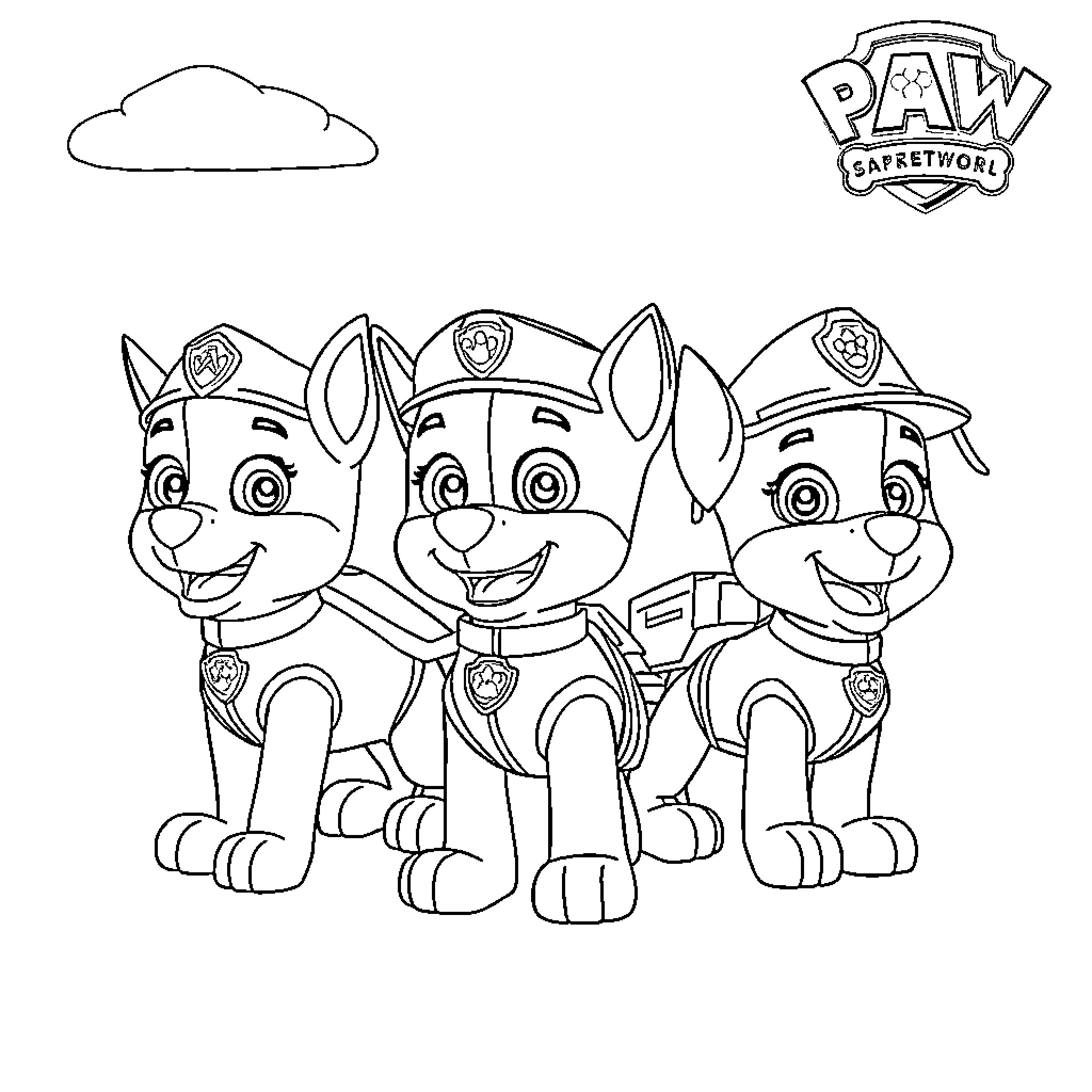 Paw Patrol Pups in Uniform Smiling Together Coloring Page (free black-and-white line drawing printable PDF for all, from beginners to advanced learners, including children, teens, adults, and seniors)