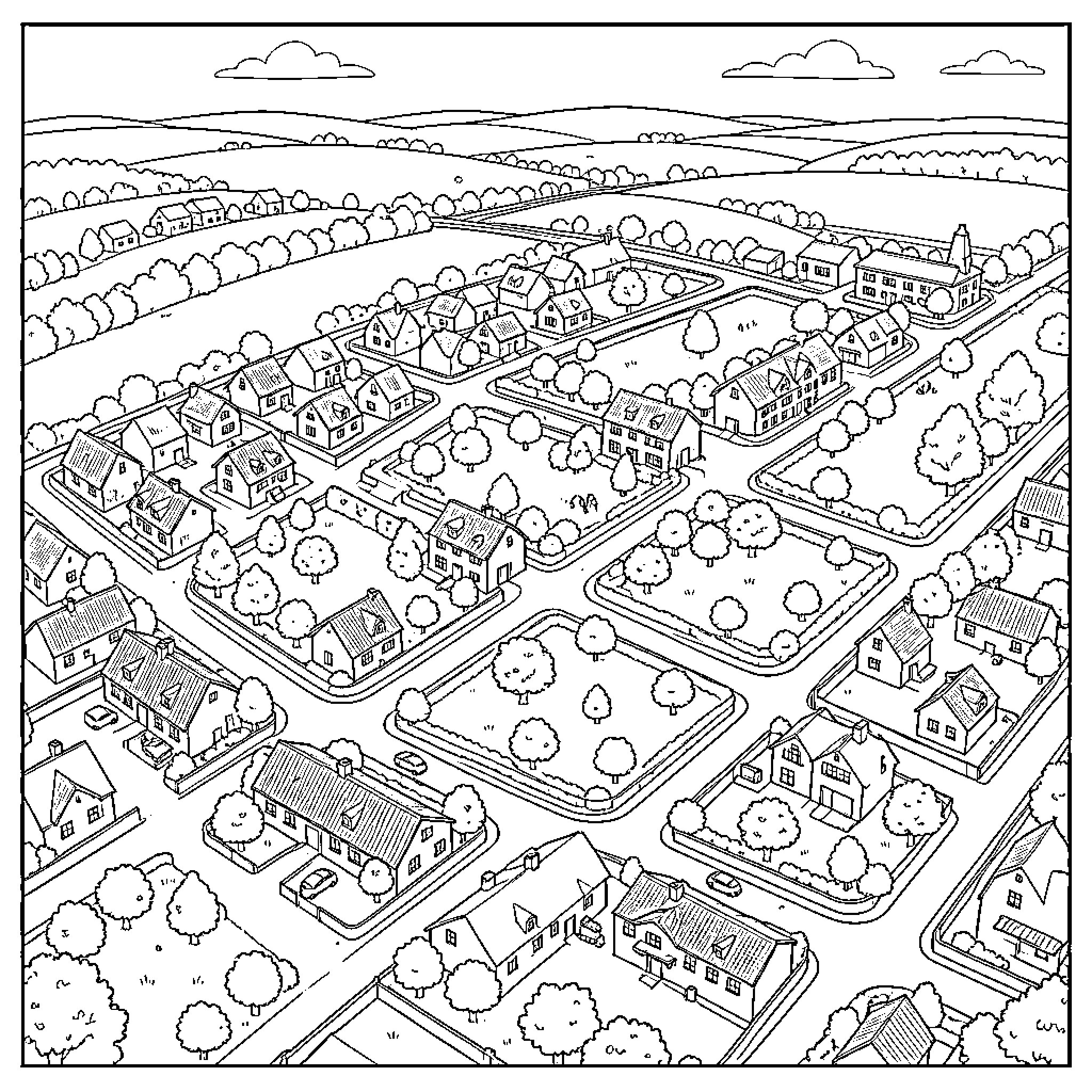 Innenheim aerial view of a peaceful residential neighborhood Coloring Page (free black-and-white line drawing printable PDF for all, from beginners to advanced learners, including children, teens, adults, and seniors)