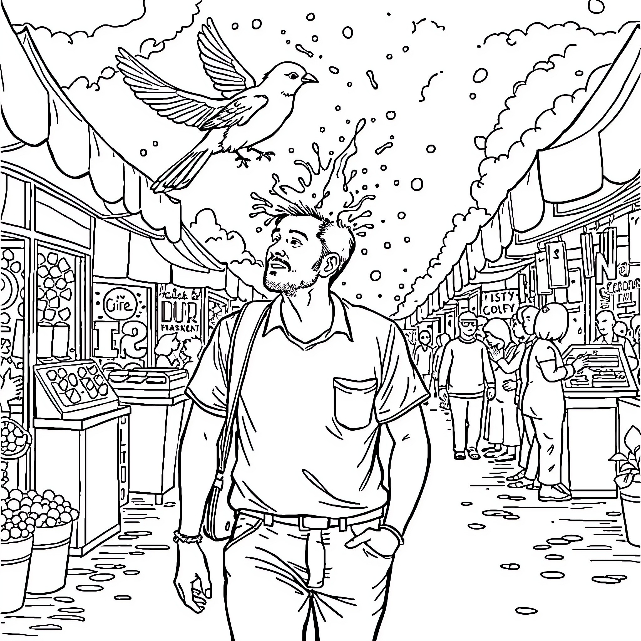 Man surprised by bird's sudden appearance in crowded street Coloring Page (free black-and-white line drawing printable PDF for all, from beginners to advanced learners, including children, teens, adults, and seniors)