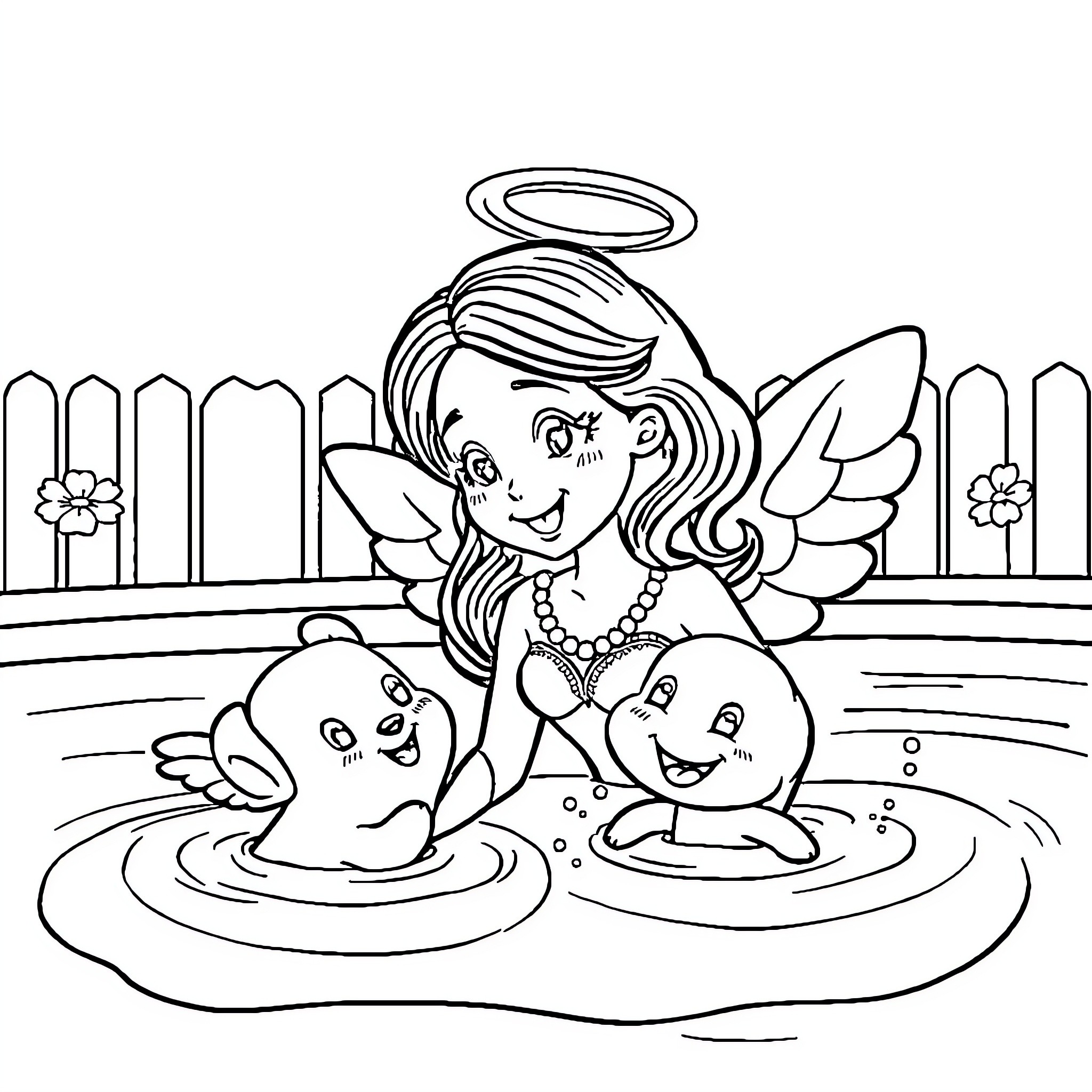 Josephine the Angel Playing with Whimsical Creatures Coloring Page (free black-and-white line drawing printable PDF for all, from beginners to advanced learners, including children, teens, adults, and seniors)