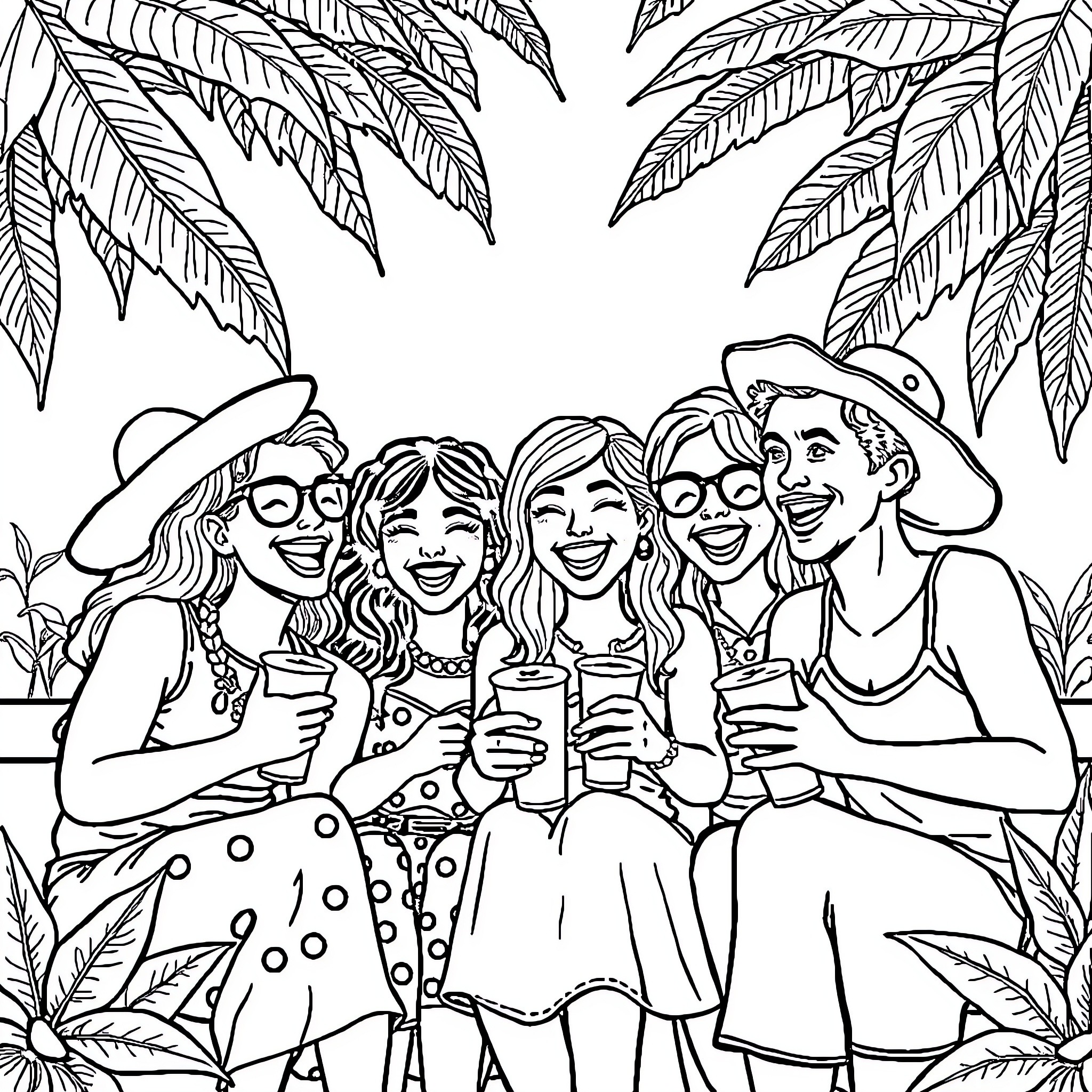 Chicoas enjoying tropical party together Coloring Page (free black-and-white line drawing printable PDF for all, from beginners to advanced learners, including children, teens, adults, and seniors)