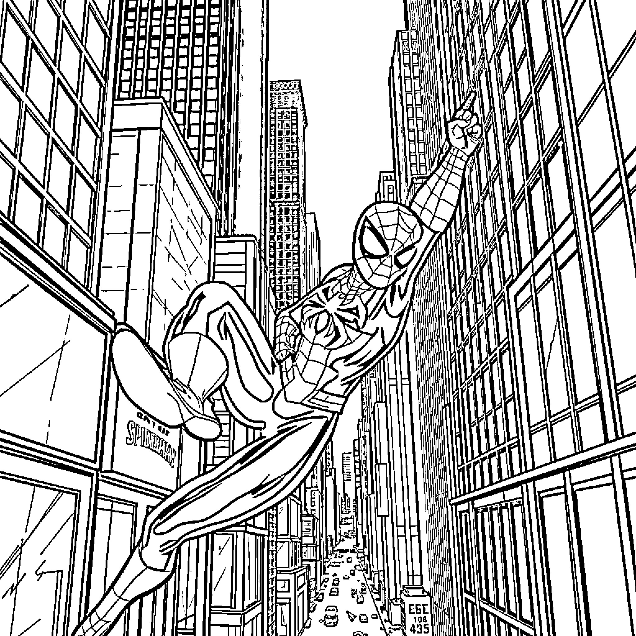 Spiderman swinging through the city skyline Coloring Page (free black-and-white line drawing printable PDF for all, from beginners to advanced learners, including children, teens, adults, and seniors)