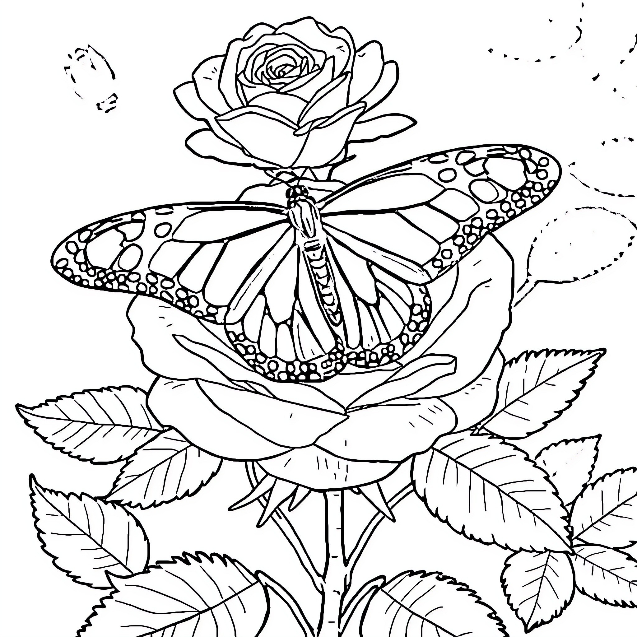 Butterfly resting on a blooming rose Coloring Page (free black-and-white line drawing printable PDF for all, from beginners to advanced learners, including children, teens, adults, and seniors)