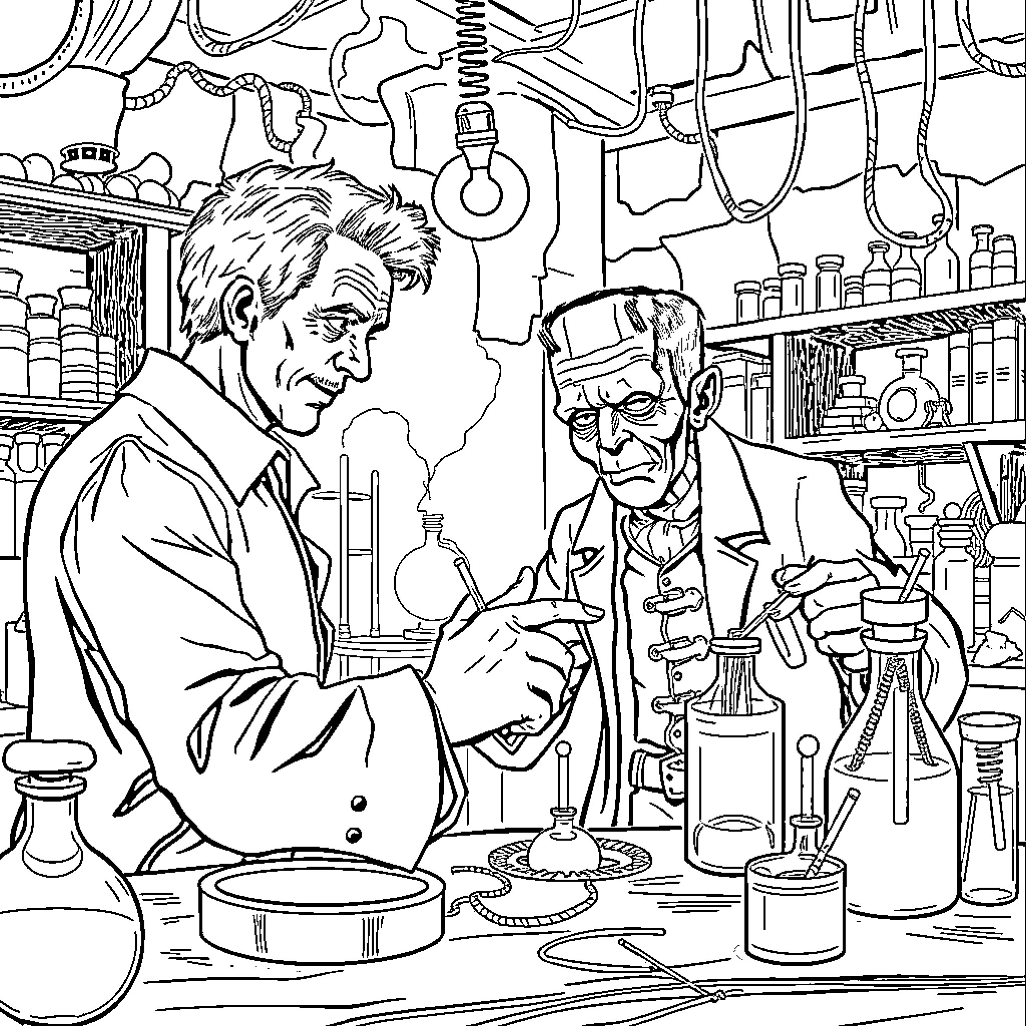 Chemistry Students Conducting Experiments in a Lab Coloring Page (free black-and-white line drawing printable PDF for all, from beginners to advanced learners, including children, teens, adults, and seniors)
