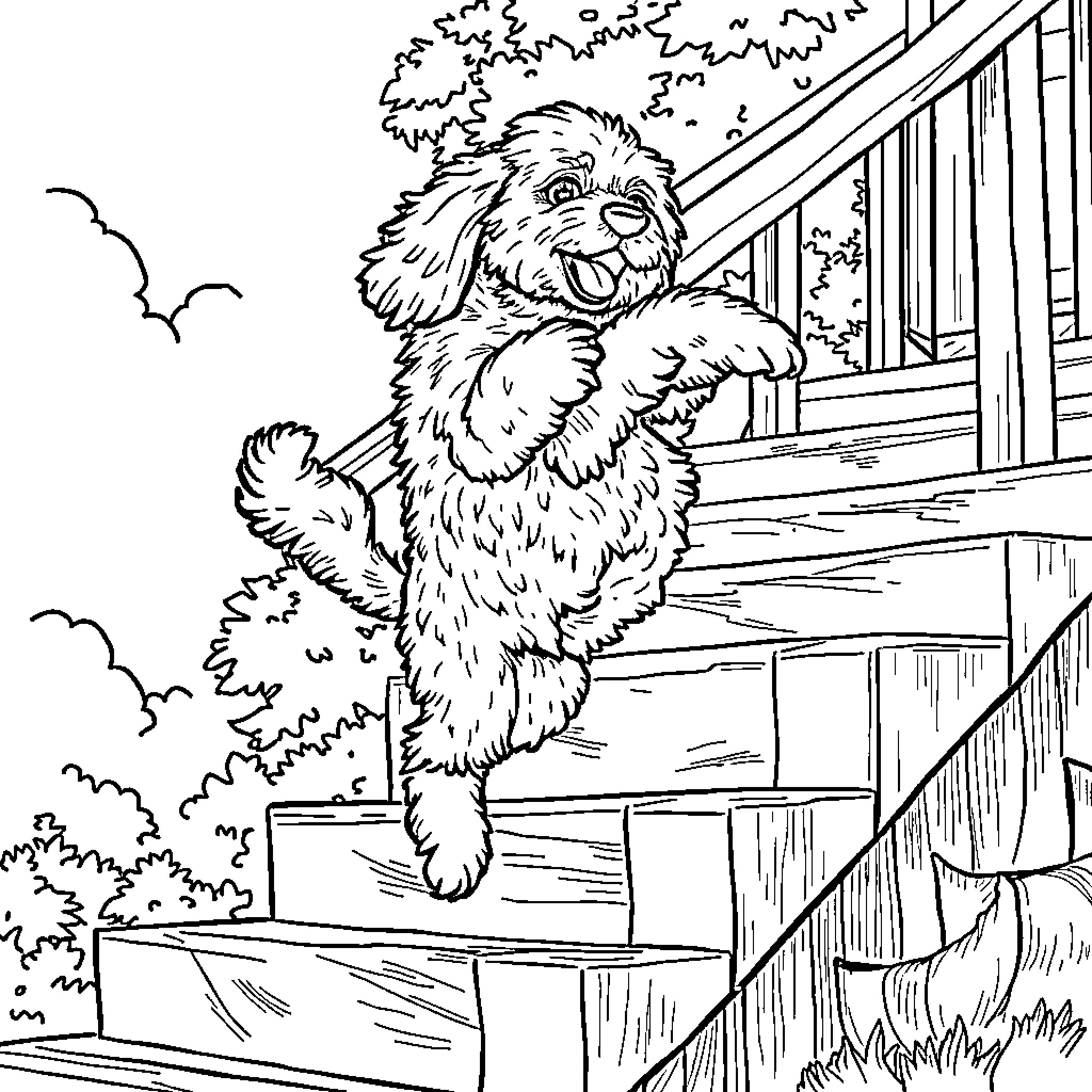 Doodle of a happy puppy playing on porch stairs Coloring Page (free black-and-white line drawing printable PDF for all, from beginners to advanced learners, including children, teens, adults, and seniors)