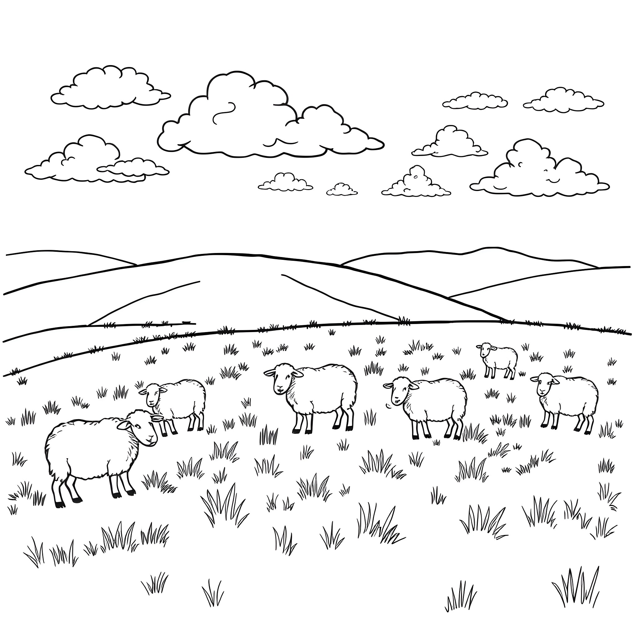 Sheep grazing peacefully in the countryside Coloring Page (free black-and-white line drawing printable PDF for all, from beginners to advanced learners, including children, teens, adults, and seniors)