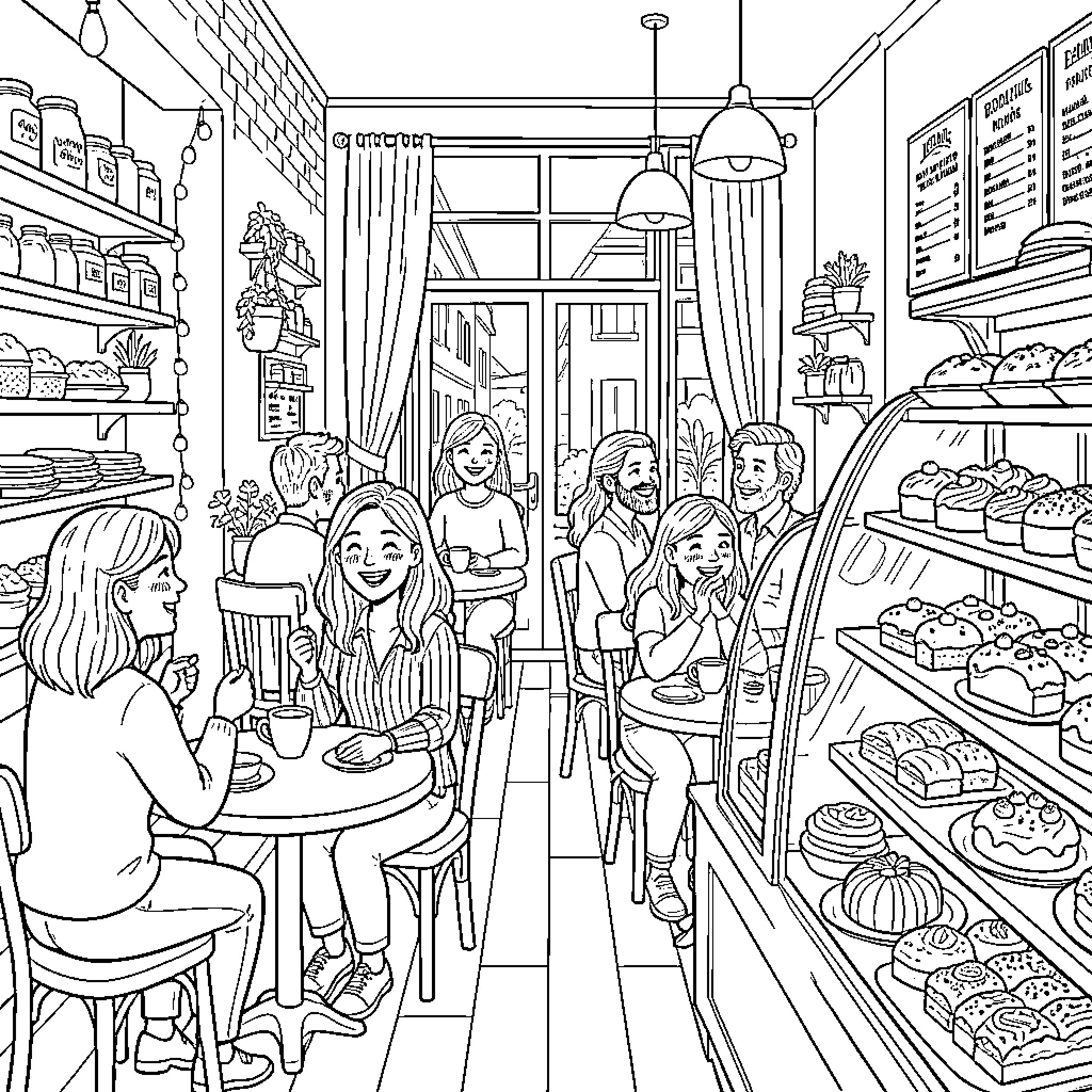 Cafe Filled with Lively Patrons and Delectable Treats Coloring Page (free black-and-white line drawing printable PDF for all, from beginners to advanced learners, including children, teens, adults, and seniors)