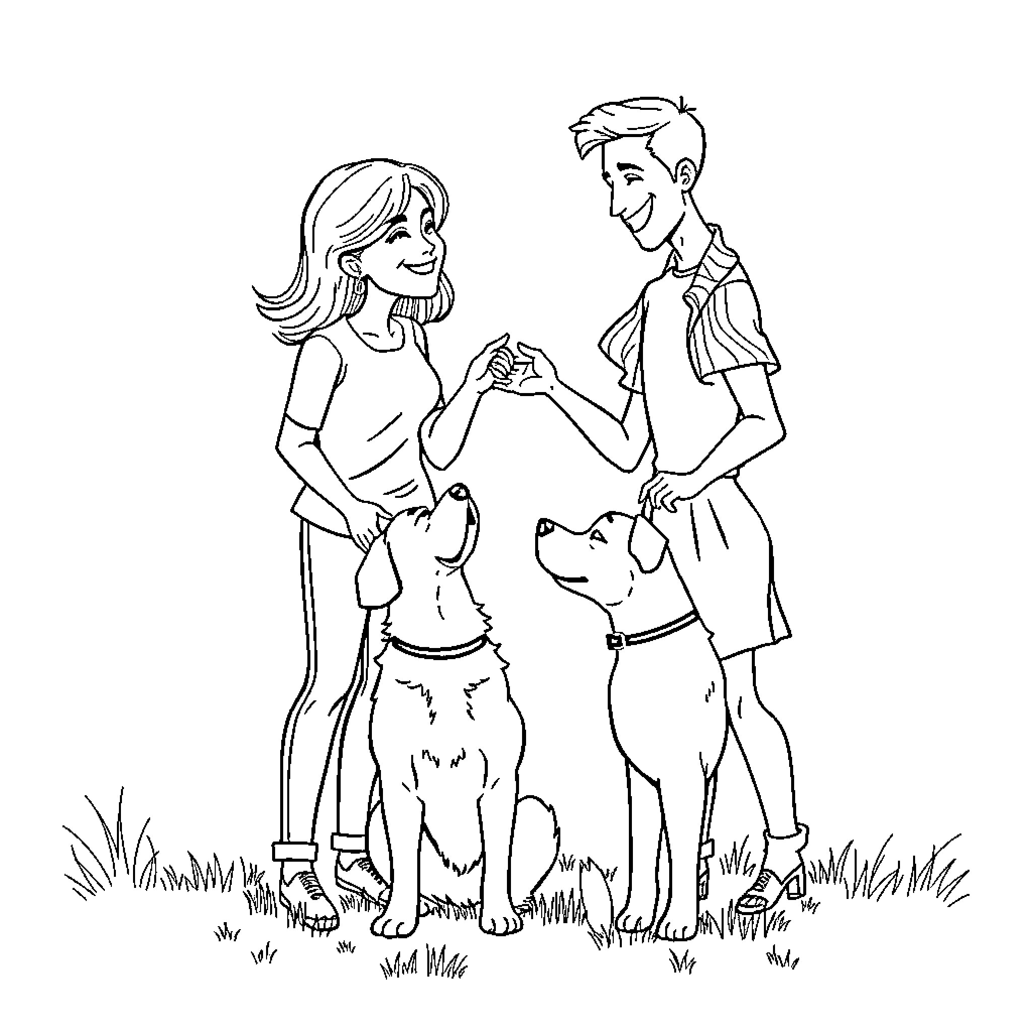 Couple enjoying outdoor time with their dogs Coloring Page (free black-and-white line drawing printable PDF for all, from beginners to advanced learners, including children, teens, adults, and seniors)