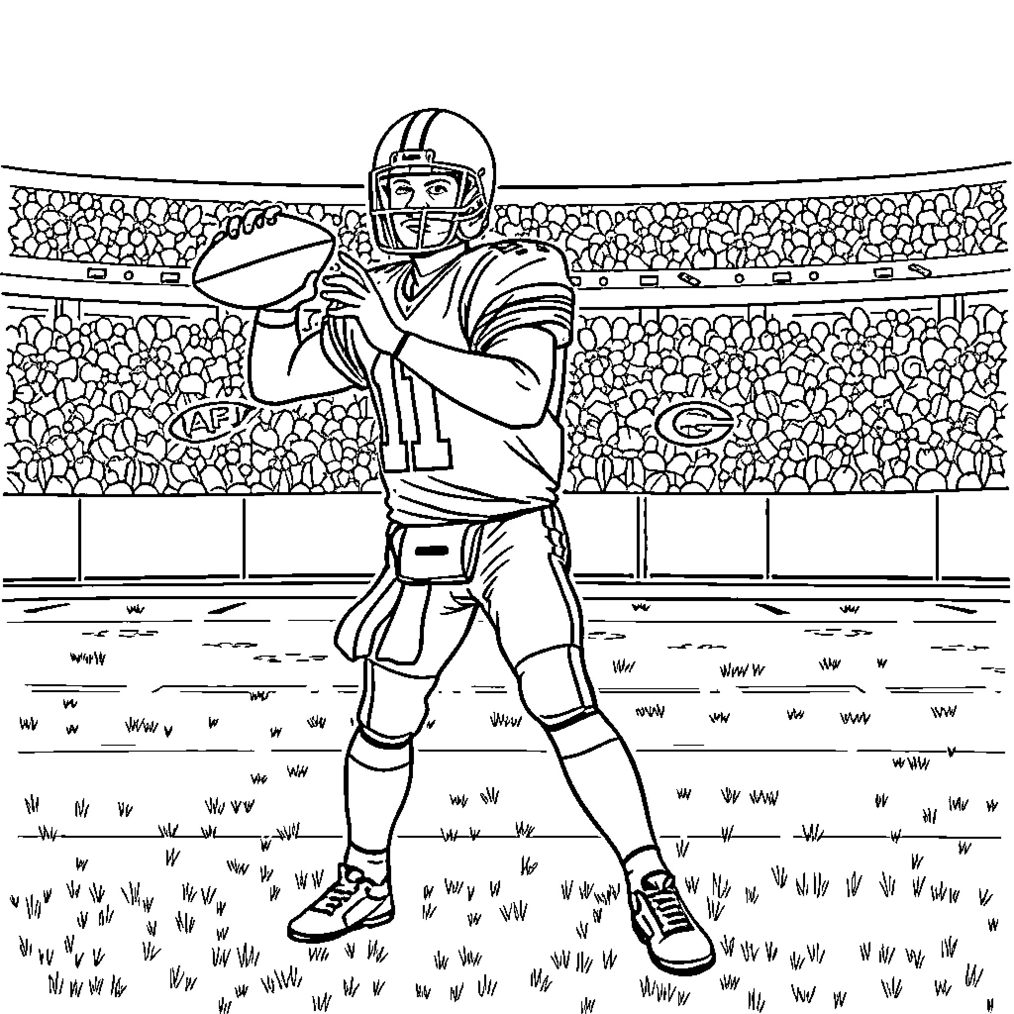 Quarterback preparing to throw the ball in the stadium Coloring Page (free black-and-white line drawing printable PDF for all, from beginners to advanced learners, including children, teens, adults, and seniors)