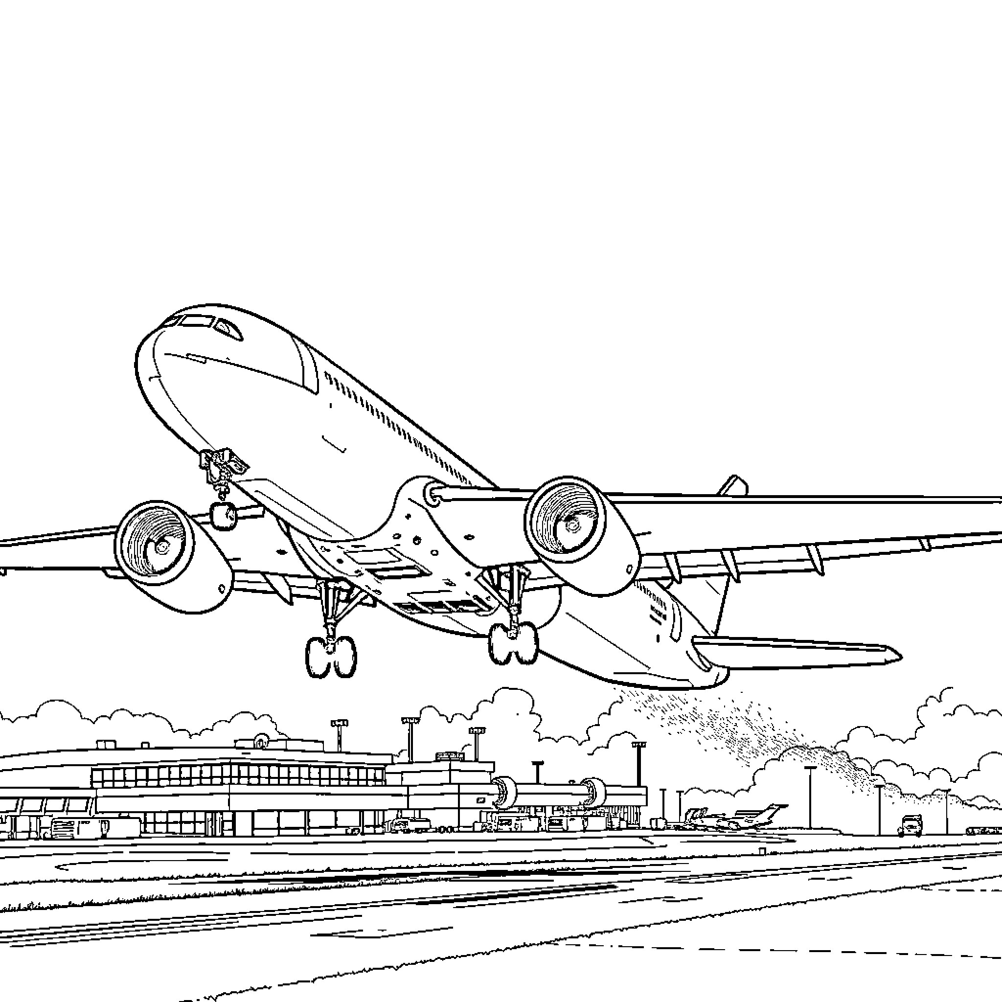 Boeing 787 aircraft taking off from airport Coloring Page (free black-and-white line drawing printable PDF for all, from beginners to advanced learners, including children, teens, adults, and seniors)