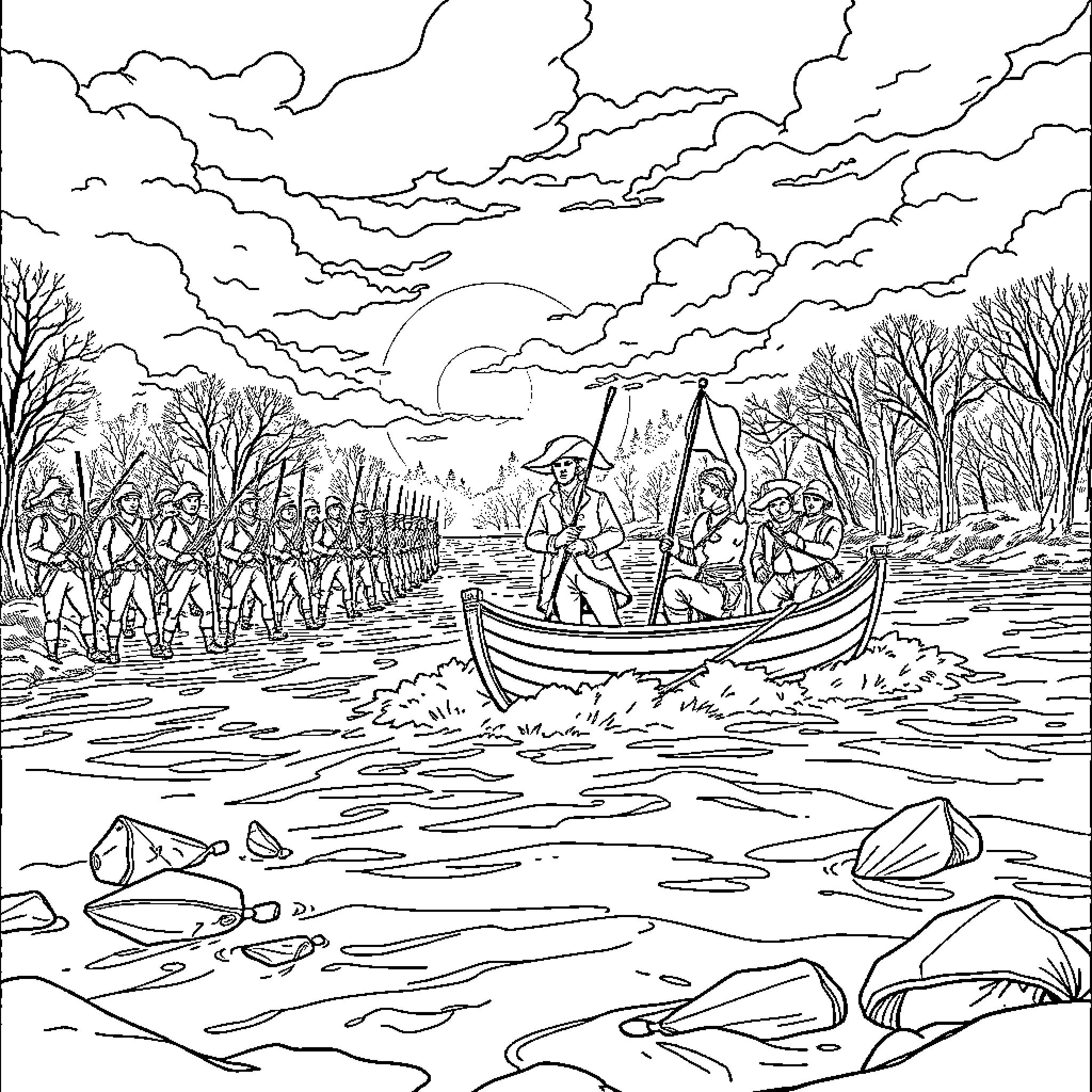 George Washington Leading Troops Across the River Coloring Page (free black-and-white line drawing printable PDF for all, from beginners to advanced learners, including children, teens, adults, and seniors)