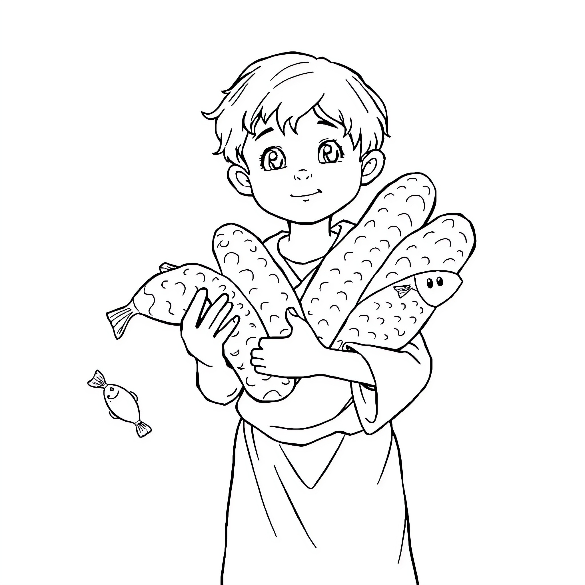 Boy holding colorful fish in his arms Coloring Page (free black-and-white line drawing printable PDF for all, from beginners to advanced learners, including children, teens, adults, and seniors)