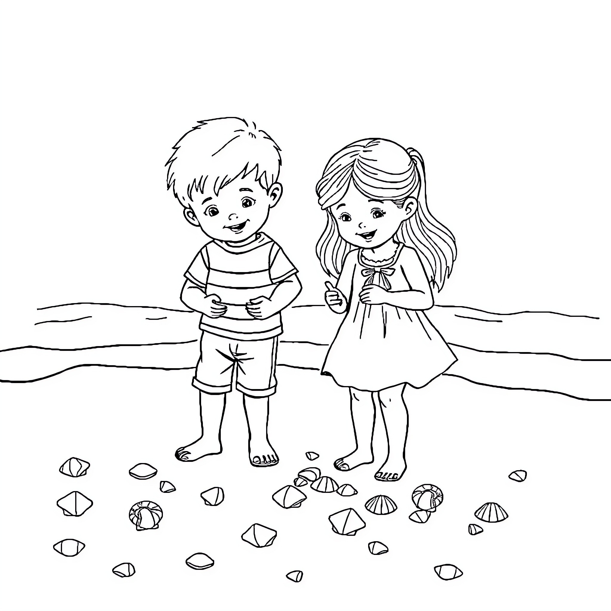 Child Exploring Seashells at the Beach Coloring Page (free black-and-white line drawing printable PDF for all, from beginners to advanced learners, including children, teens, adults, and seniors)