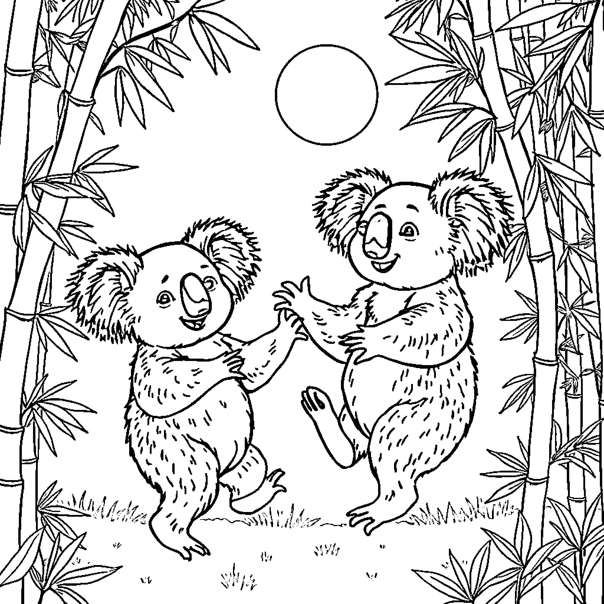 Koalas playing together in the bamboo forest Coloring Page (free black-and-white line drawing printable PDF for all, from beginners to advanced learners, including children, teens, adults, and seniors)