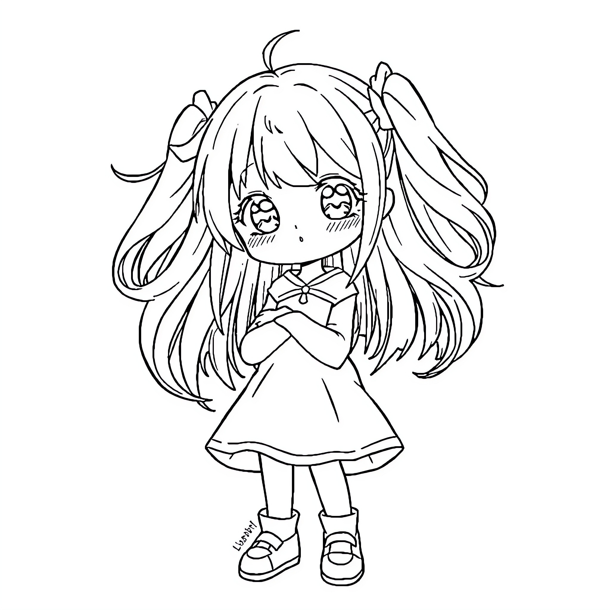 Anime Girl with Crossed Arms and Embarrassed Expression Coloring Page (free black-and-white line drawing printable PDF for all, from beginners to advanced learners, including children, teens, adults, and seniors)