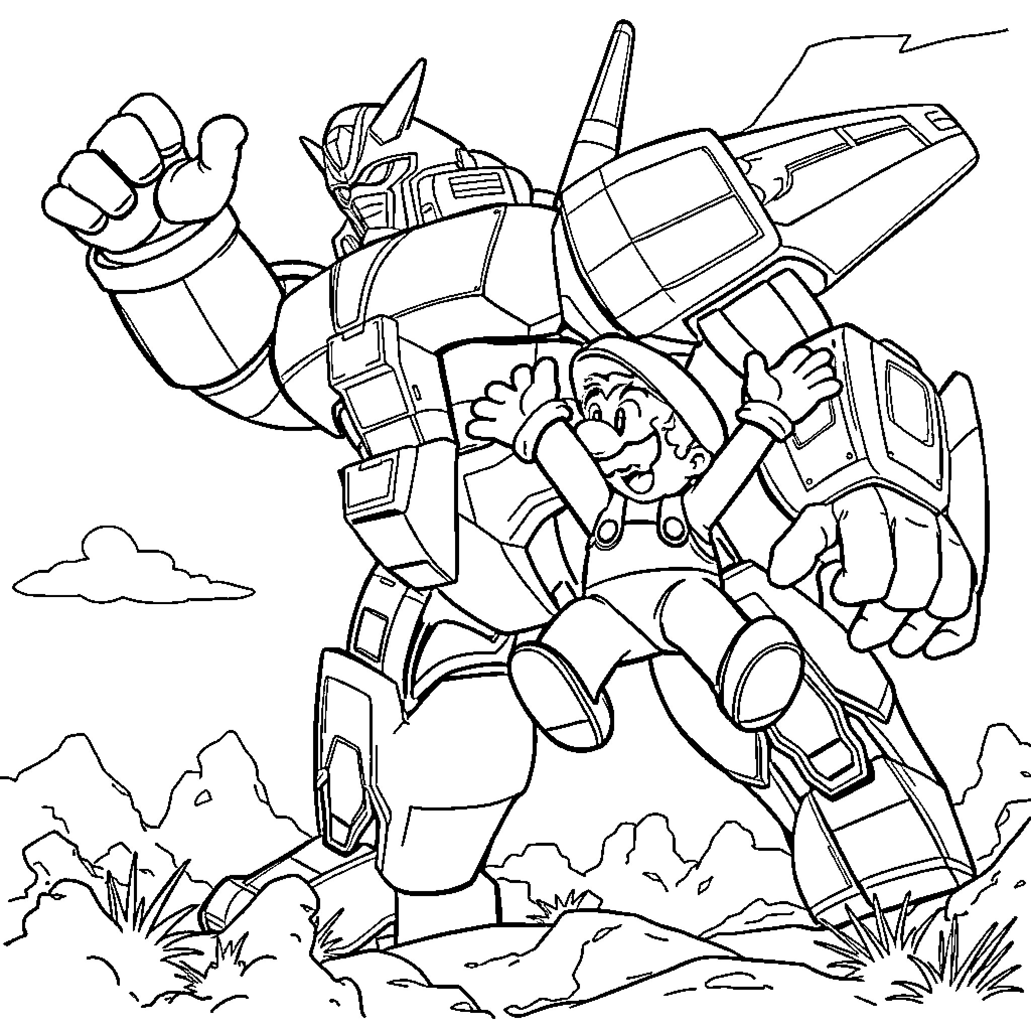 Super Mario in Mech Suit Battles Enemies Coloring Page (free black-and-white line drawing printable PDF for all, from beginners to advanced learners, including children, teens, adults, and seniors)