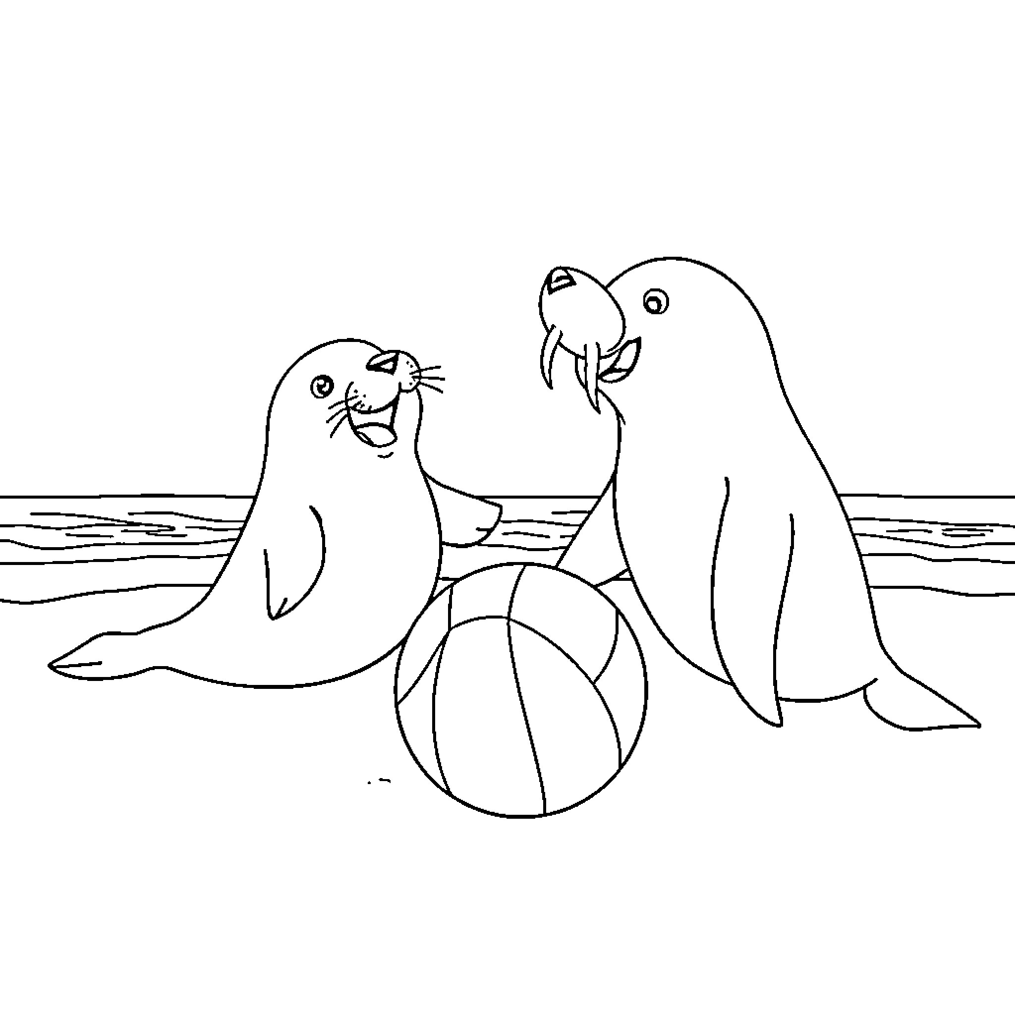 Seals playing with beach ball in ocean Coloring Page (free black-and-white line drawing printable PDF for all, from beginners to advanced learners, including children, teens, adults, and seniors)