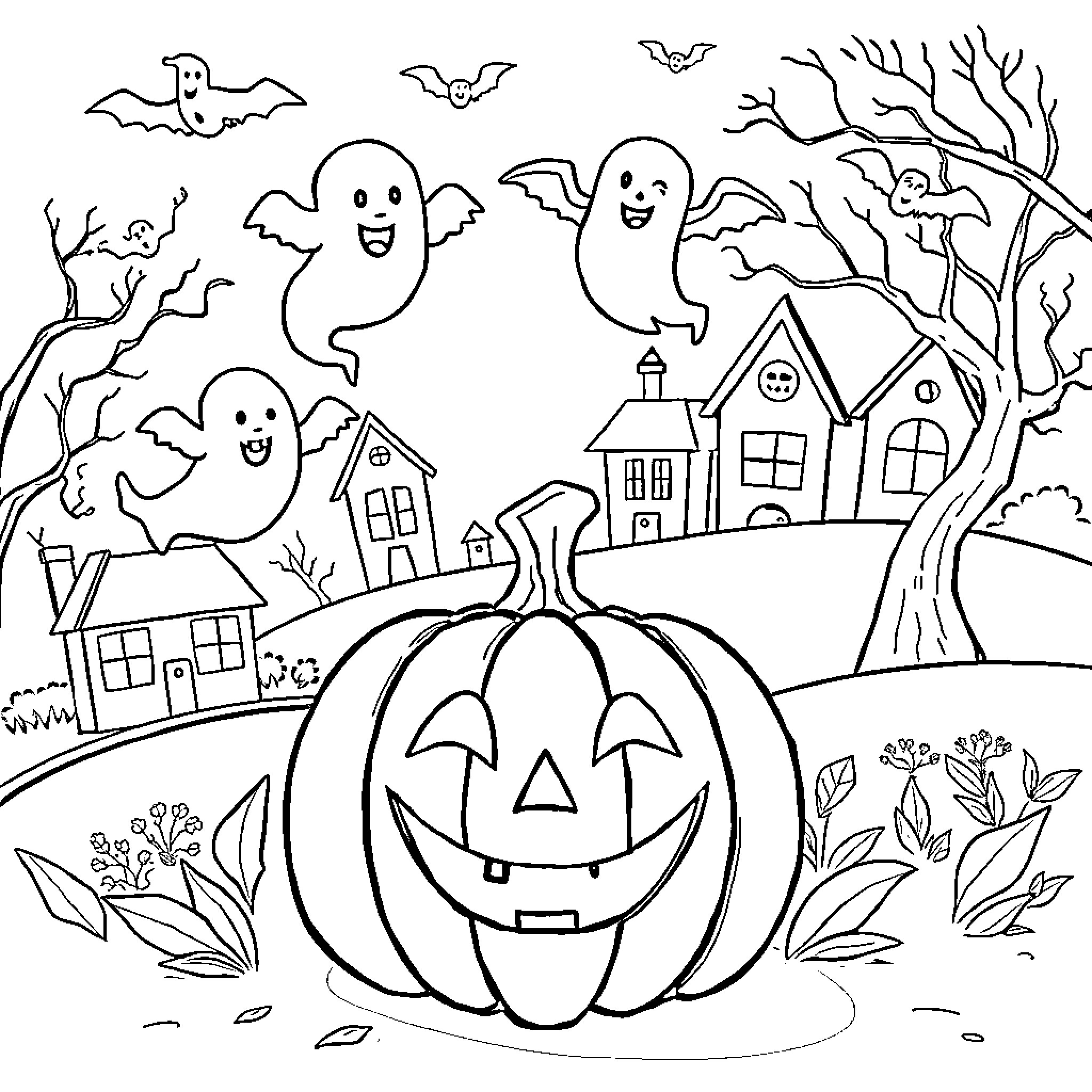 Pumpkin and Ghosts in Haunted Neighborhood Coloring Page (free black-and-white line drawing printable PDF for all, from beginners to advanced learners, including children, teens, adults, and seniors)
