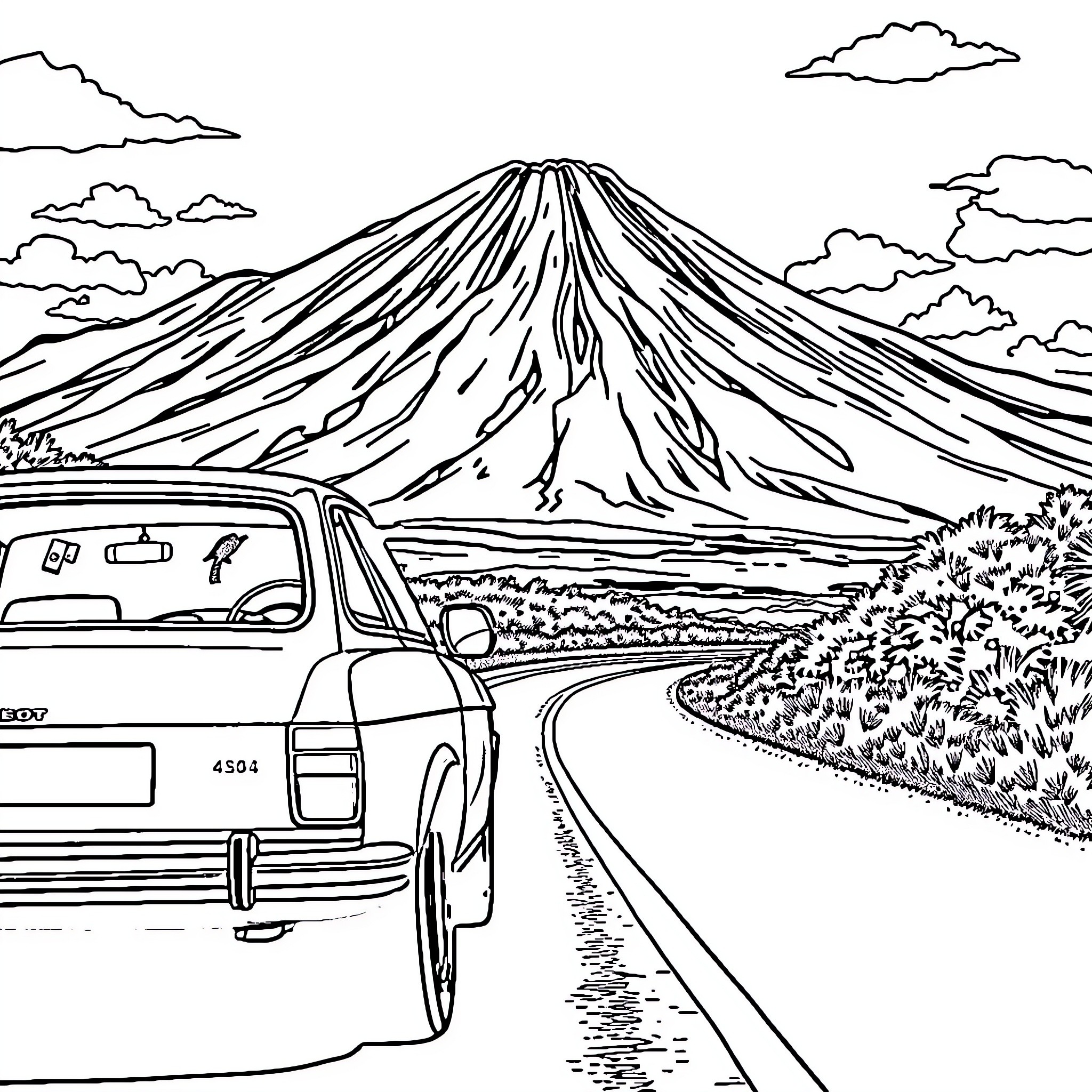 Peugeot driving along scenic mountain road Coloring Page (free black-and-white line drawing printable PDF for all, from beginners to advanced learners, including children, teens, adults, and seniors)