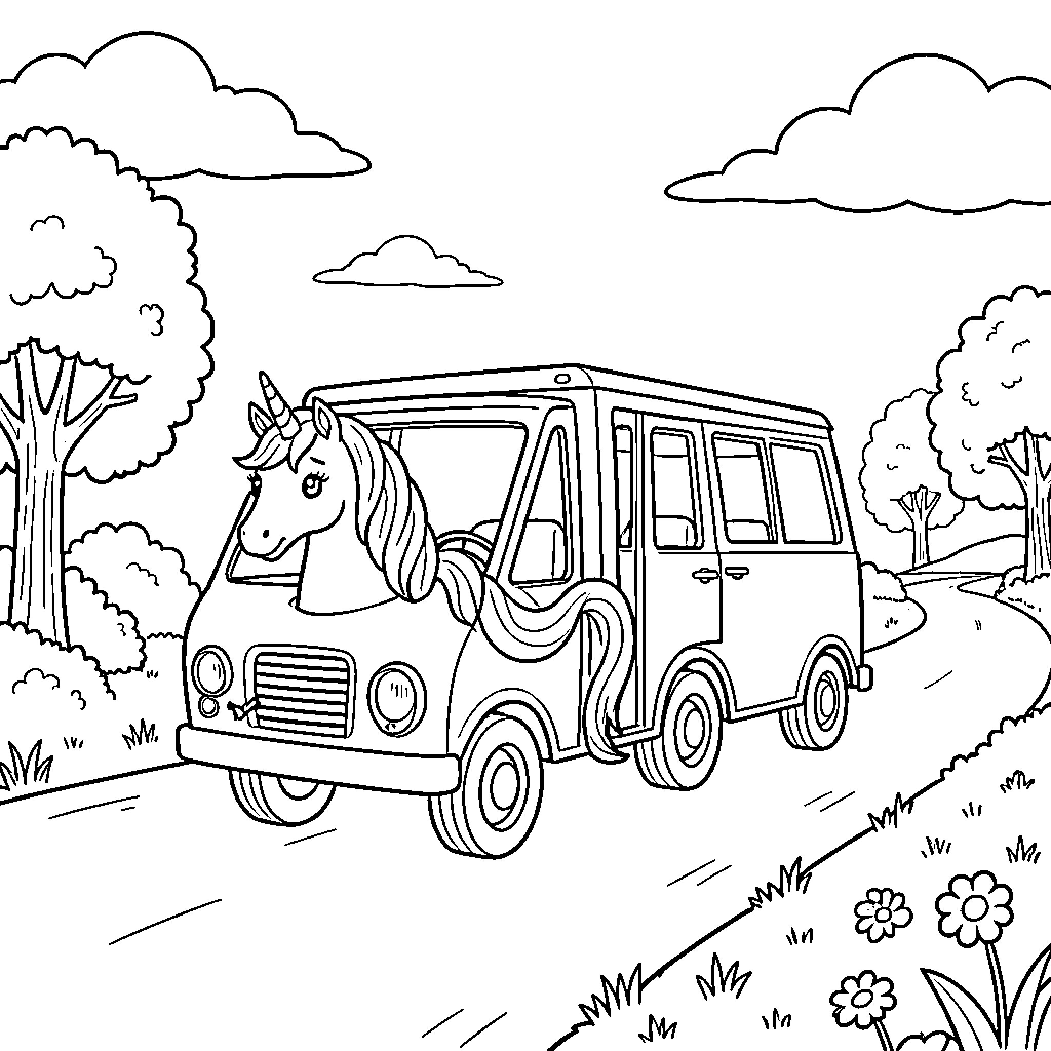 Unicorn driving a van along a scenic road Coloring Page (free black-and-white line drawing printable PDF for all, from beginners to advanced learners, including children, teens, adults, and seniors)