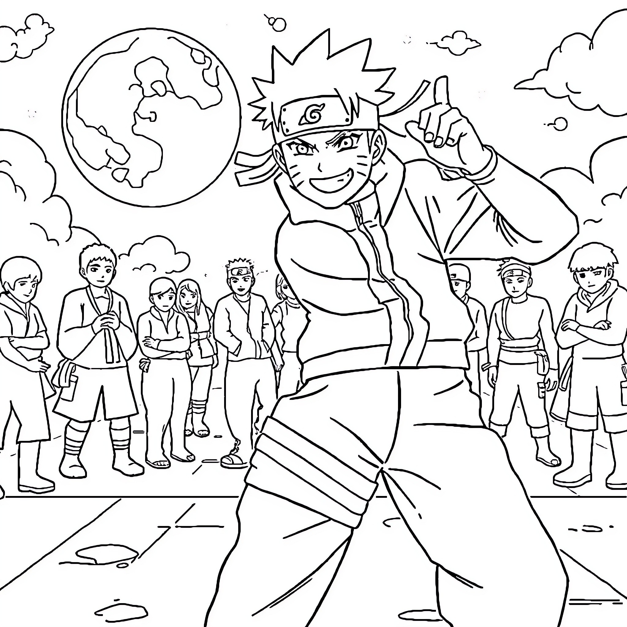 Naruto Showing His Ninjutsu Skills to His Peers Coloring Page (free black-and-white line drawing printable PDF for all, from beginners to advanced learners, including children, teens, adults, and seniors)