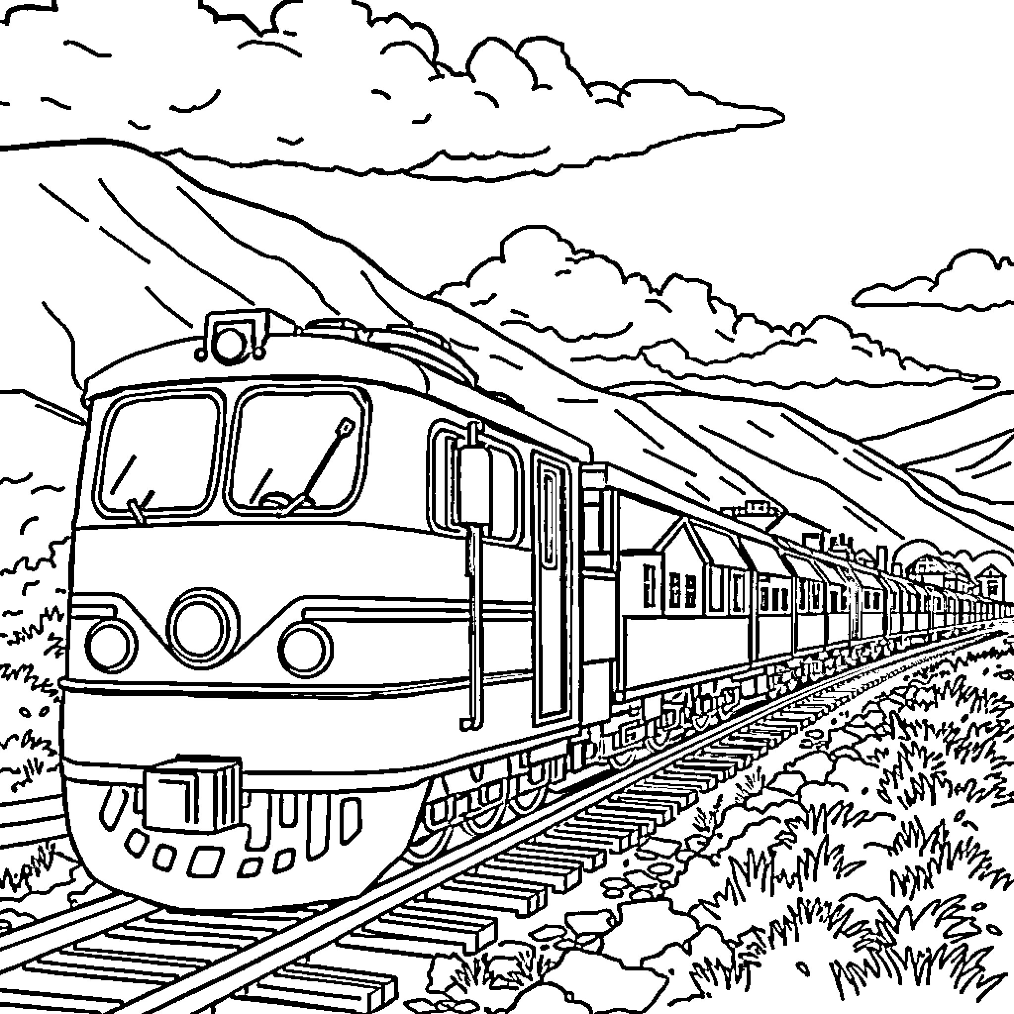 Train speeding through scenic landscape Coloring Page (free black-and-white line drawing printable PDF for all, from beginners to advanced learners, including children, teens, adults, and seniors)