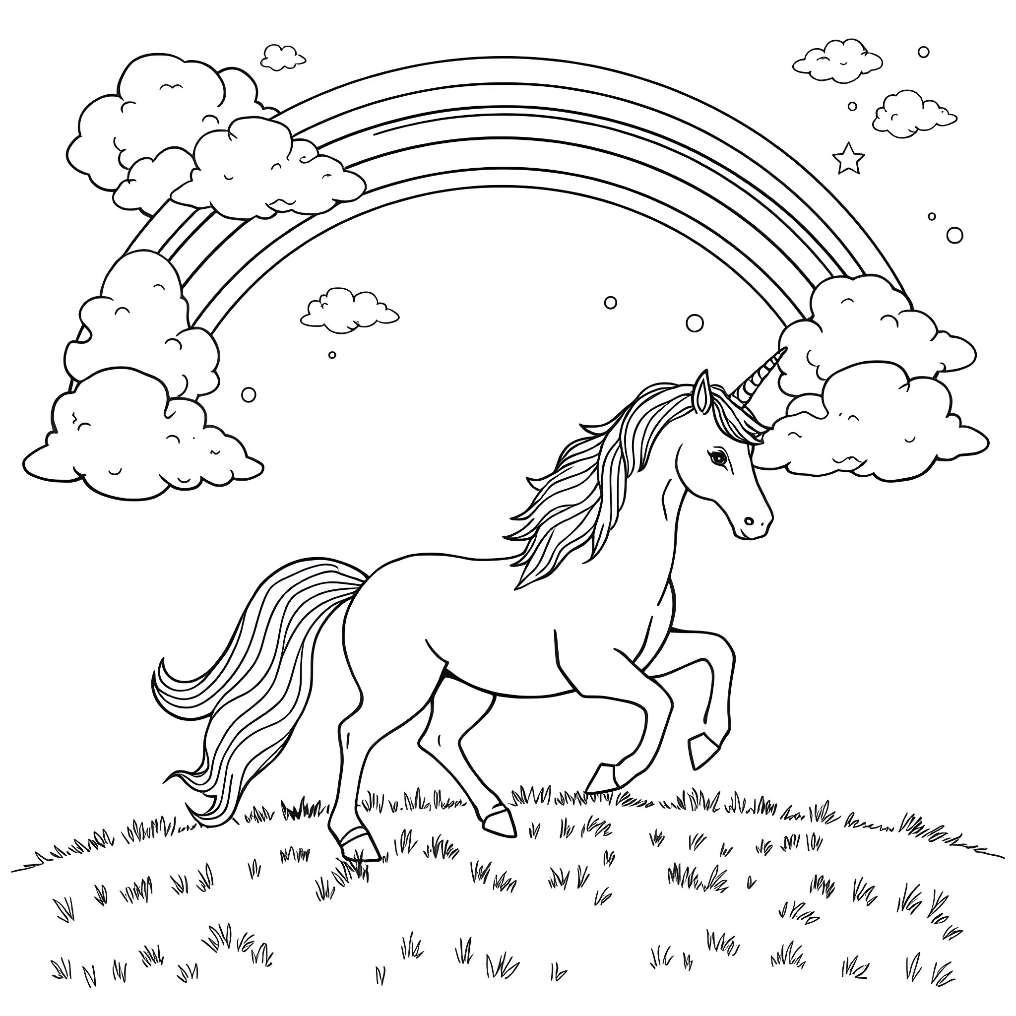 Unicorn running playfully under a rainbow Coloring Page (free black-and-white line drawing printable PDF for all, from beginners to advanced learners, including children, teens, adults, and seniors)