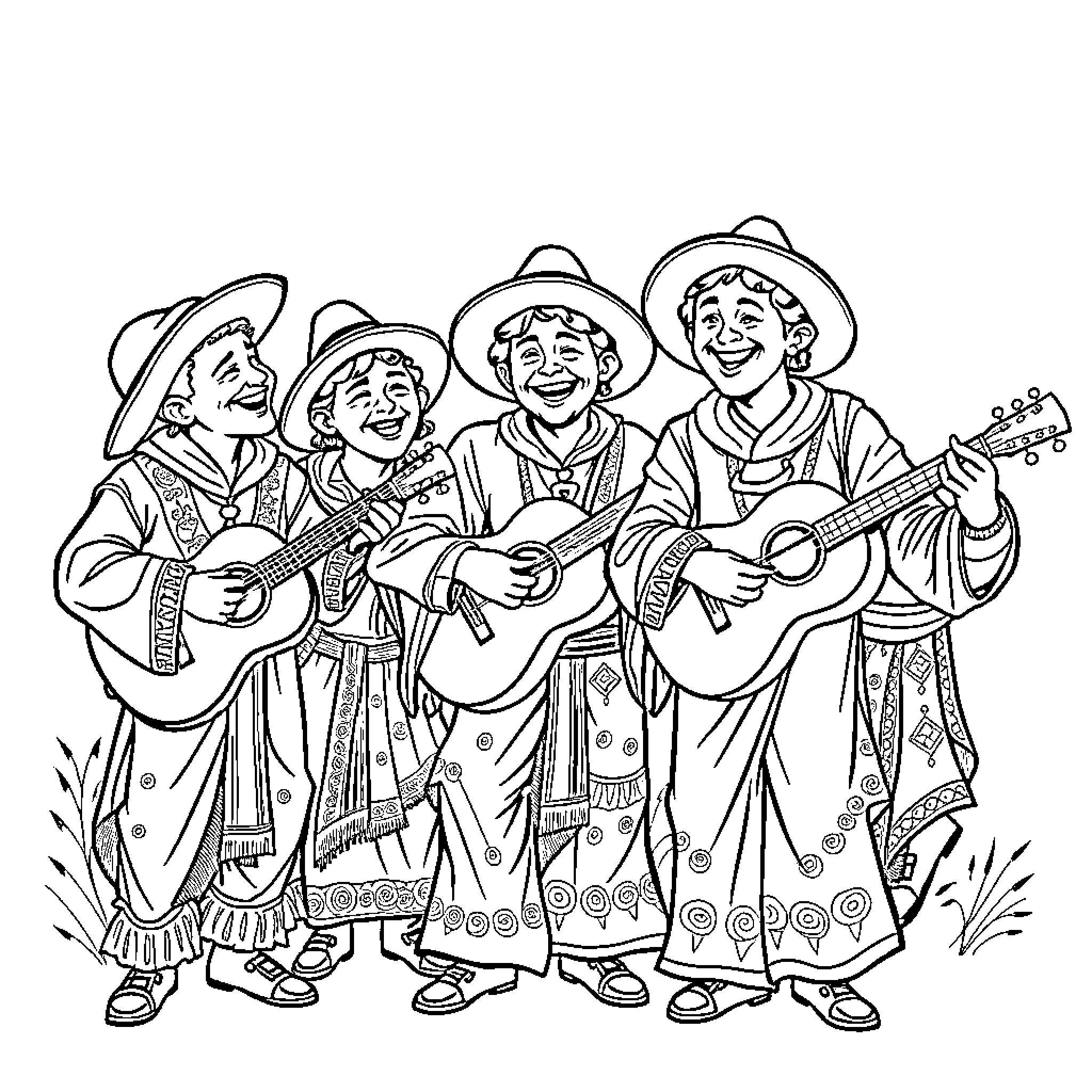 Gypsy Boy Band Performing with Folk Instruments Coloring Page (free black-and-white line drawing printable PDF for all, from beginners to advanced learners, including children, teens, adults, and seniors)