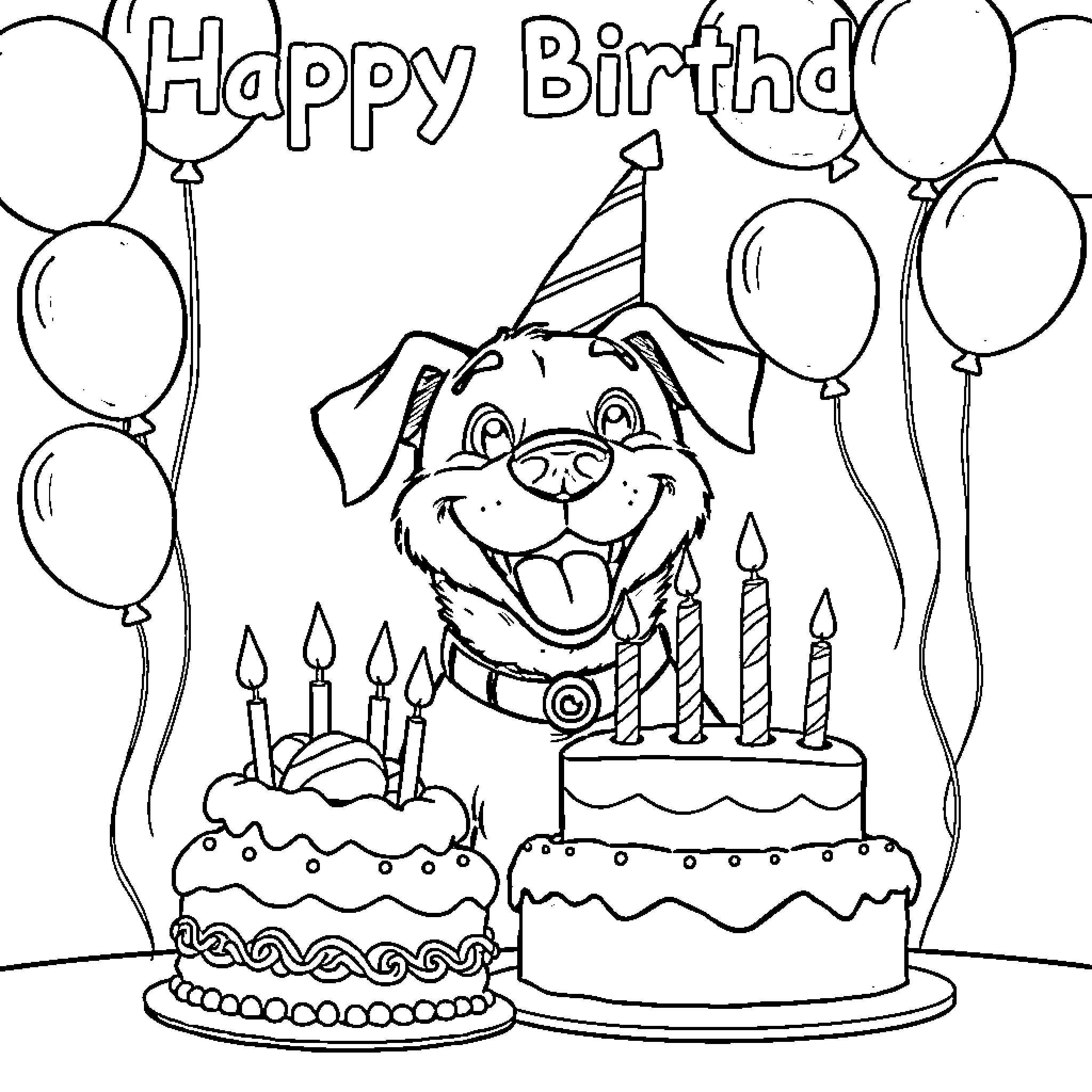 Dog celebrates happy birthday with cake and balloons Coloring Page (free black-and-white line drawing printable PDF for all, from beginners to advanced learners, including children, teens, adults, and seniors)