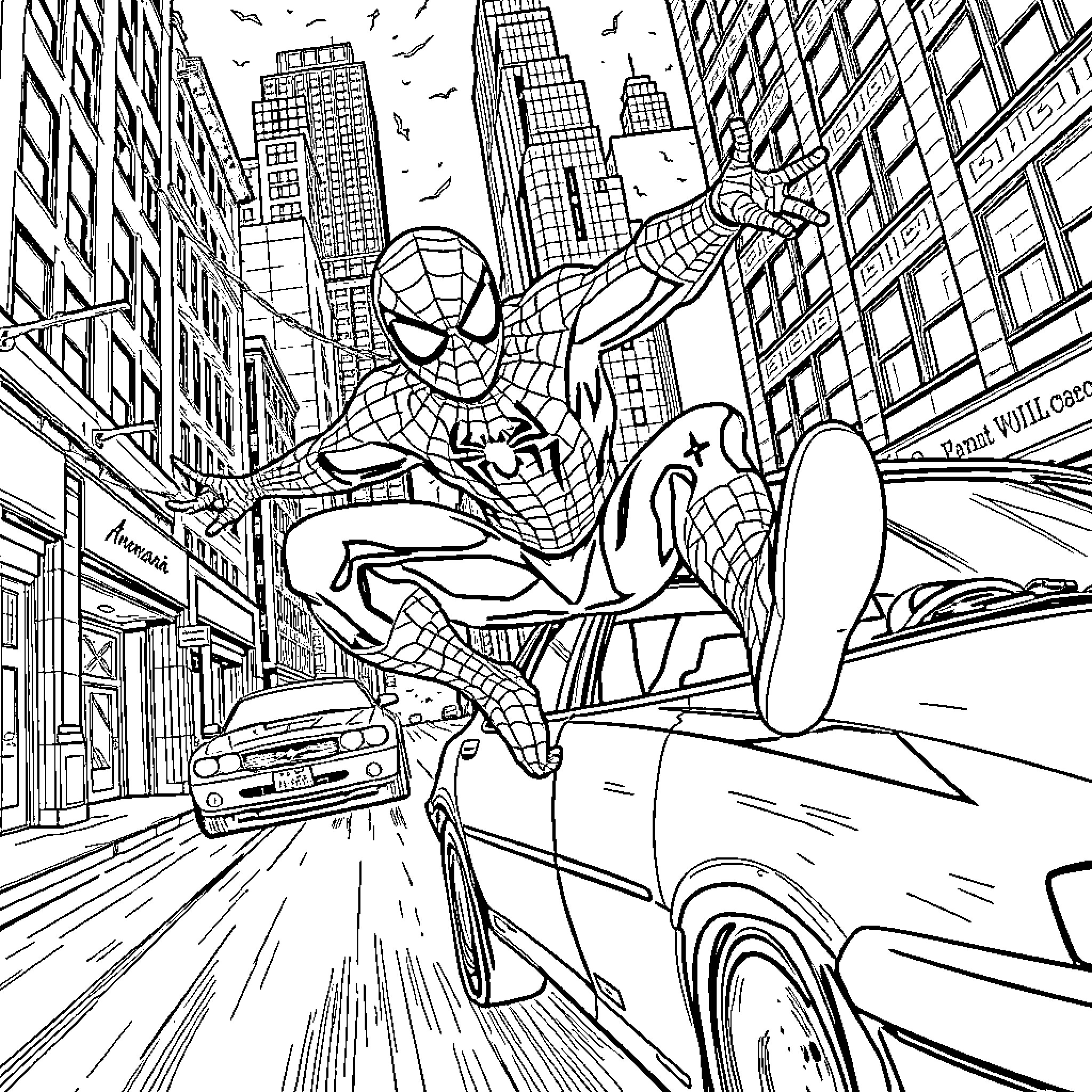 Spiderman swinging through the city skyline Coloring Page (free black-and-white line drawing printable PDF for all, from beginners to advanced learners, including children, teens, adults, and seniors)