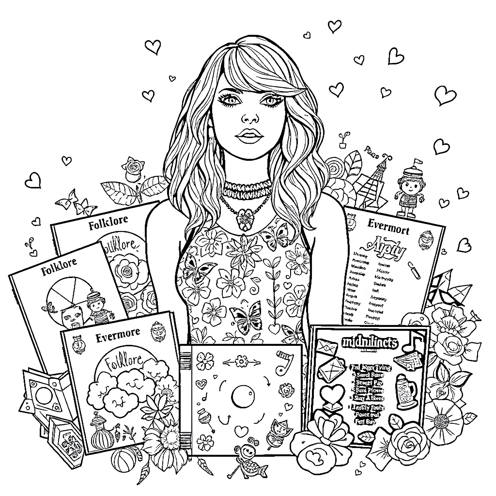 Taylor Swift Surrounded by Artistic Imagery and Symbols Coloring Page (free black-and-white line drawing printable PDF for all, from beginners to advanced learners, including children, teens, adults, and seniors)