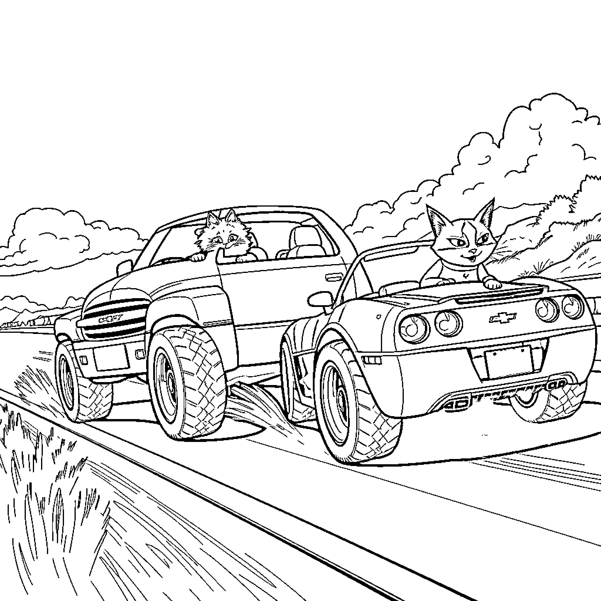 Cat riding in modified truck on rugged terrain Coloring Page (free black-and-white line drawing printable PDF for all, from beginners to advanced learners, including children, teens, adults, and seniors)