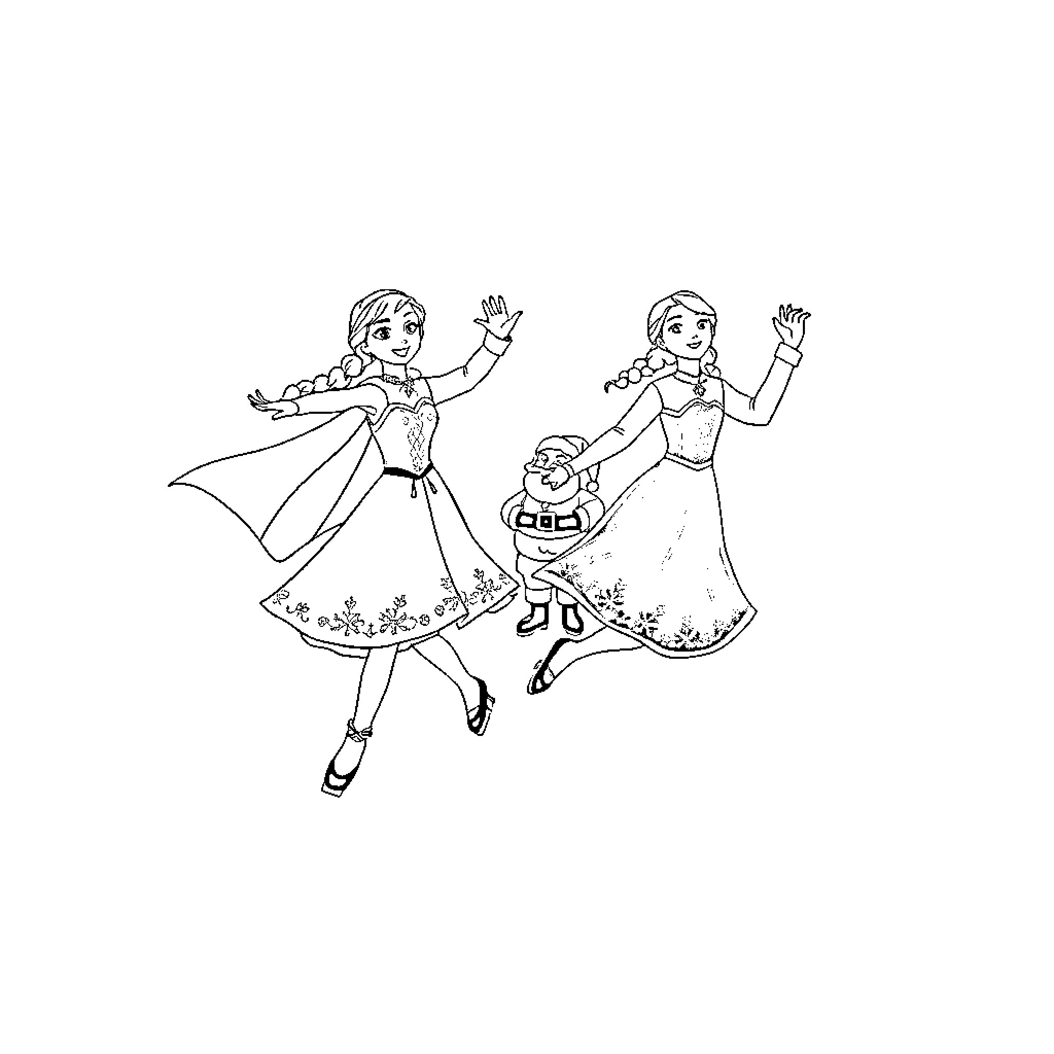 Anna and Elsa in winter dresses dancing together Coloring Page (free black-and-white line drawing printable PDF for all, from beginners to advanced learners, including children, teens, adults, and seniors)