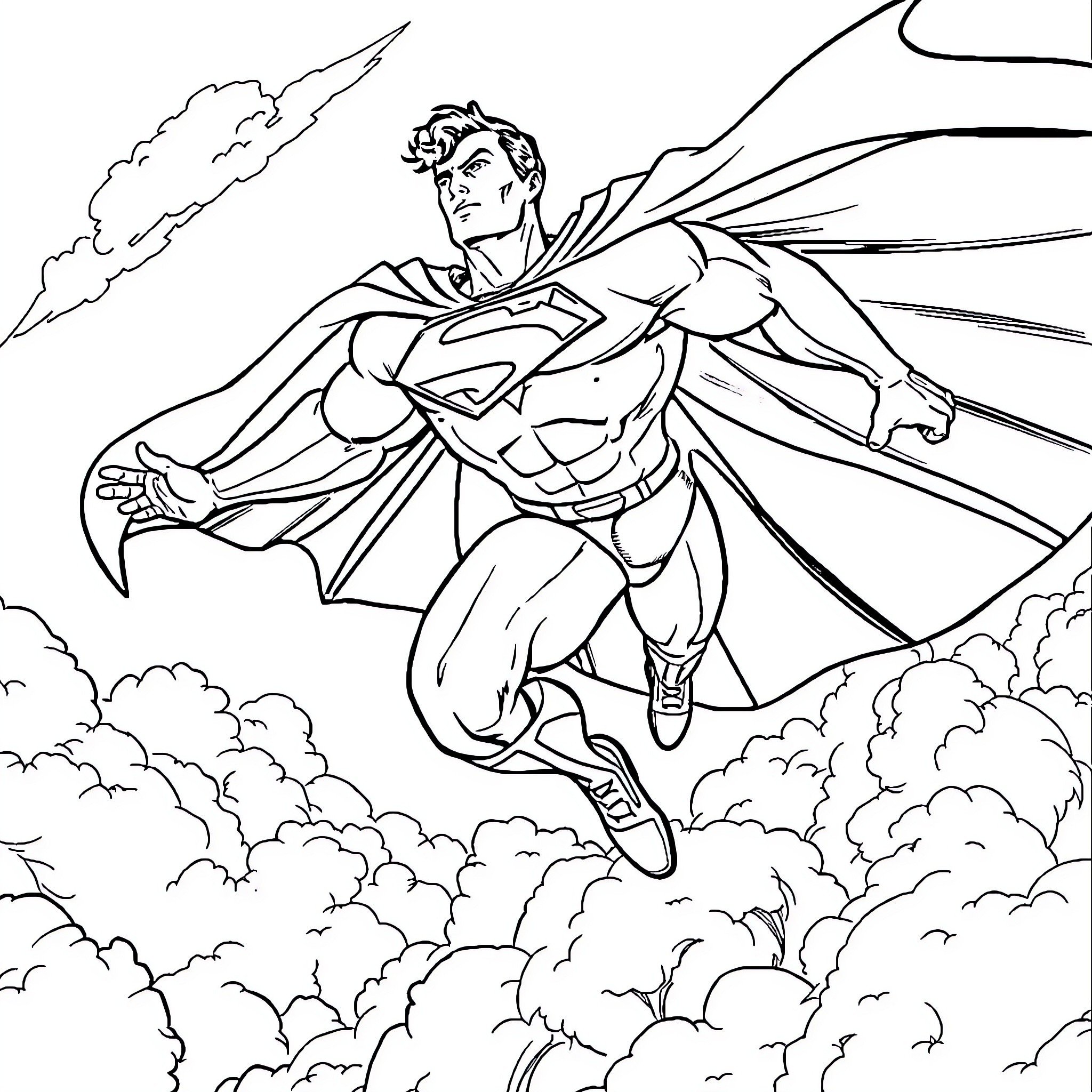 Superman soaring through the skies with determination Coloring Page (free black-and-white line drawing printable PDF for all, from beginners to advanced learners, including children, teens, adults, and seniors)