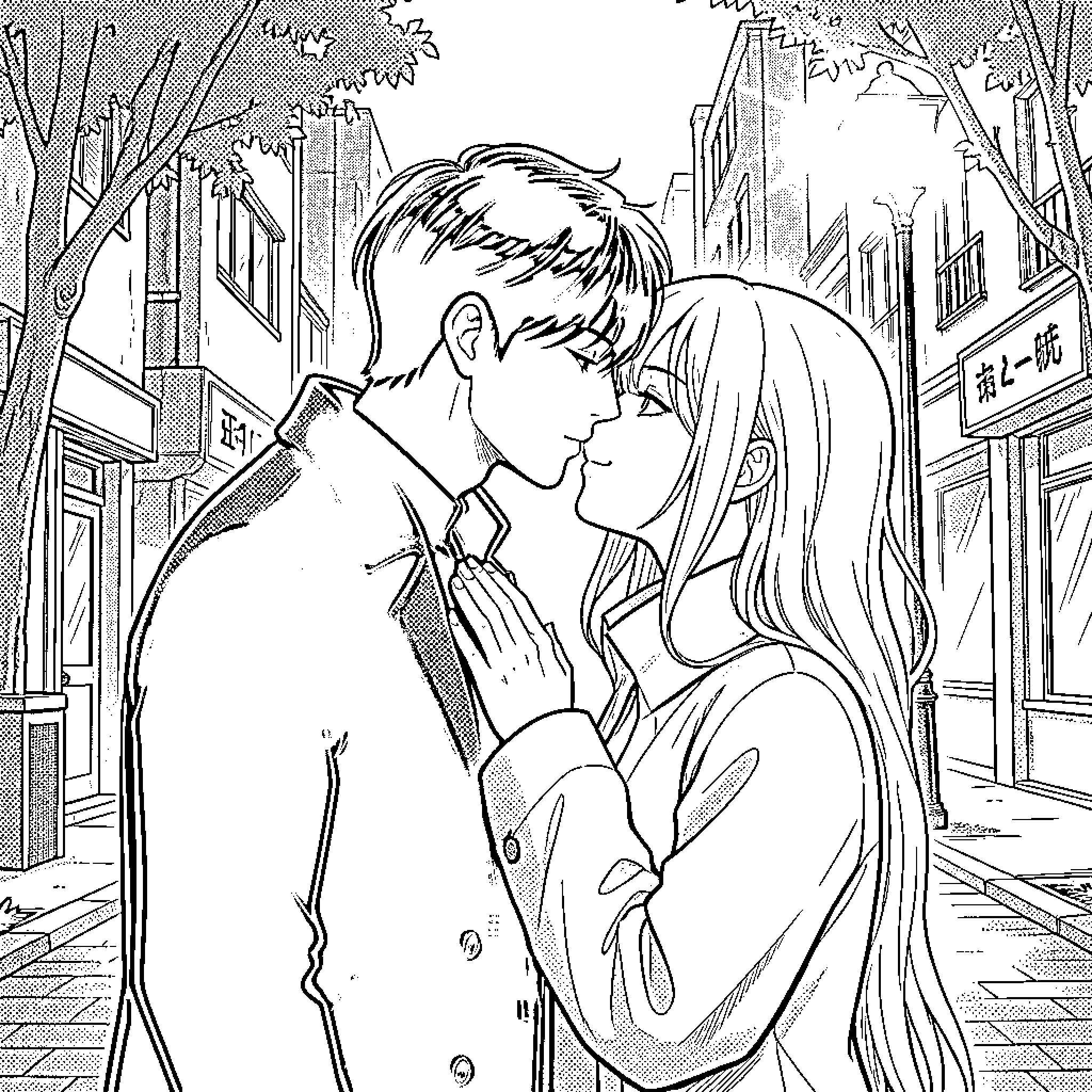 Yusaku Godai and his partner share a tender moment on a city street Coloring Page (free black-and-white line drawing printable PDF for all, from beginners to advanced learners, including children, teens, adults, and seniors)