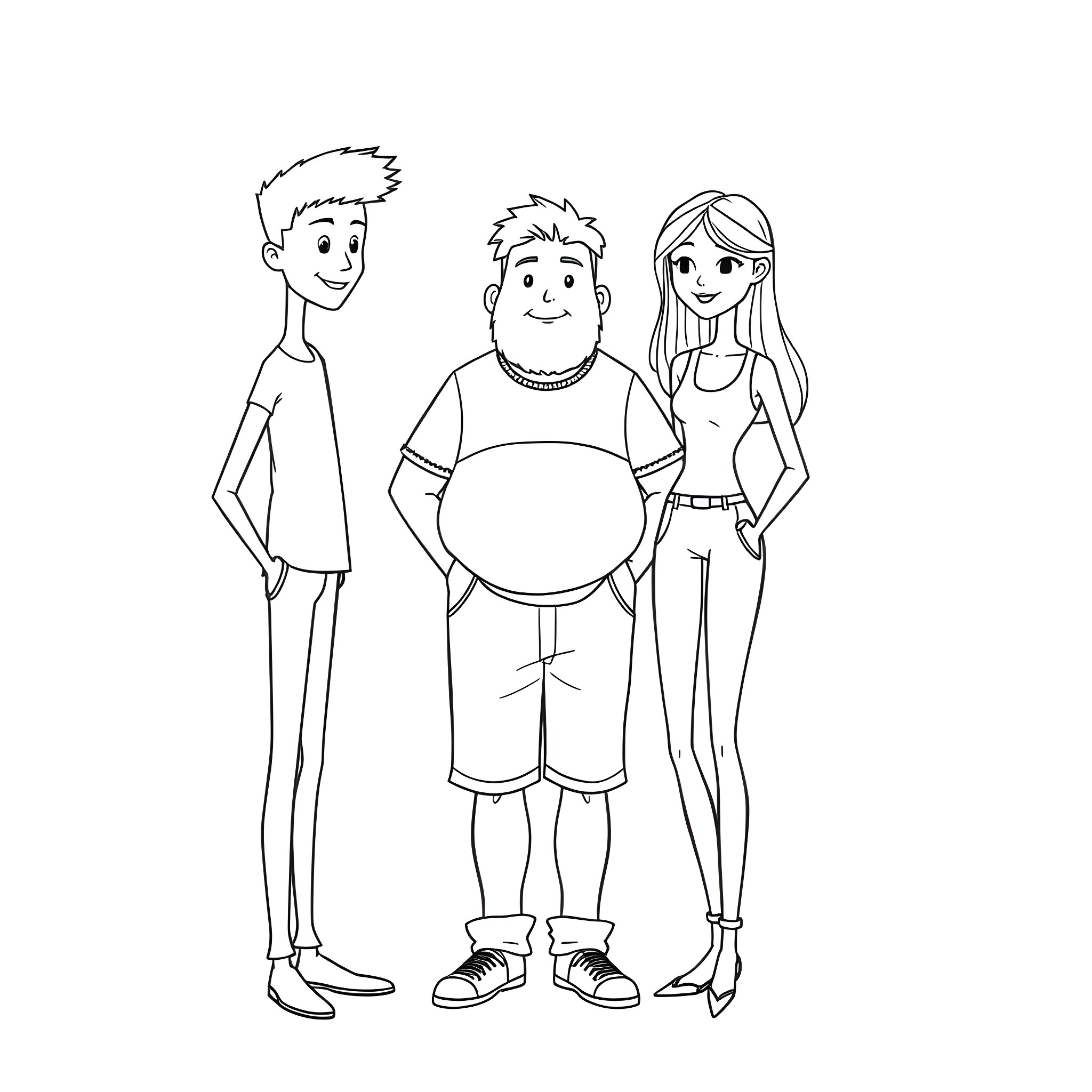 Friend Group of Three Posing Together Coloring Page (free black-and-white line drawing printable PDF for all, from beginners to advanced learners, including children, teens, adults, and seniors)