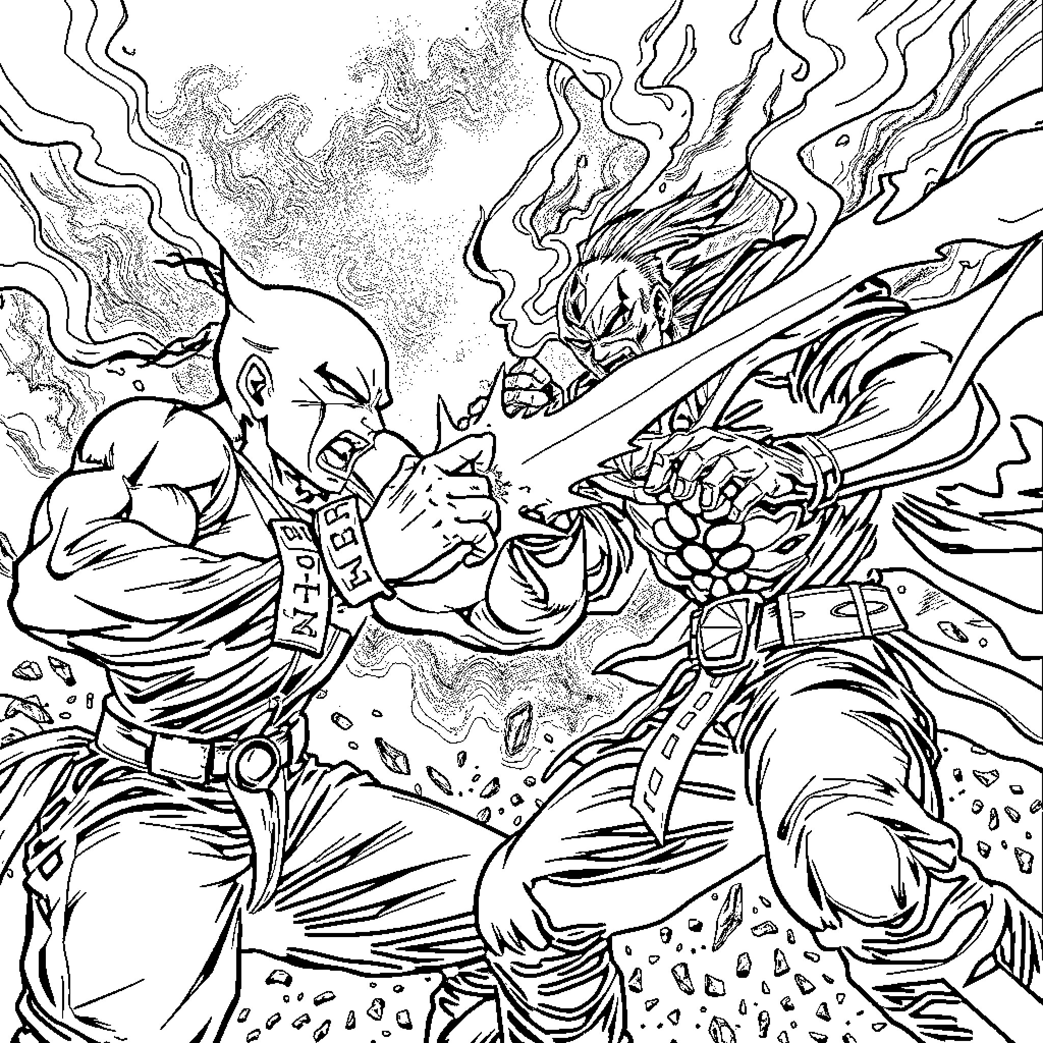 Fight between muscular warriors in intense combat Coloring Page (free black-and-white line drawing printable PDF for all, from beginners to advanced learners, including children, teens, adults, and seniors)