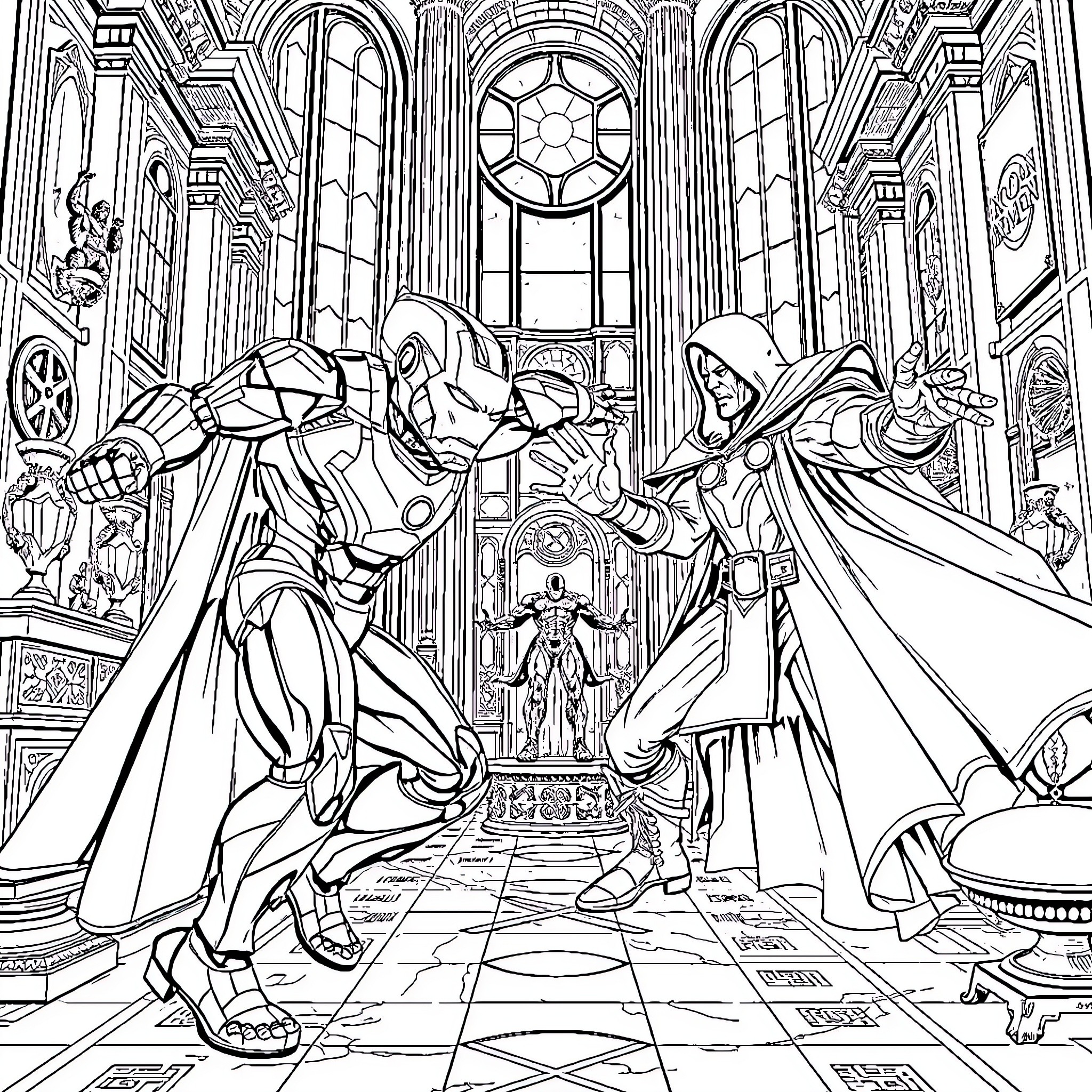 Iron Man Confrontation in Ornate Castle Setting Coloring Page (free black-and-white line drawing printable PDF for all, from beginners to advanced learners, including children, teens, adults, and seniors)