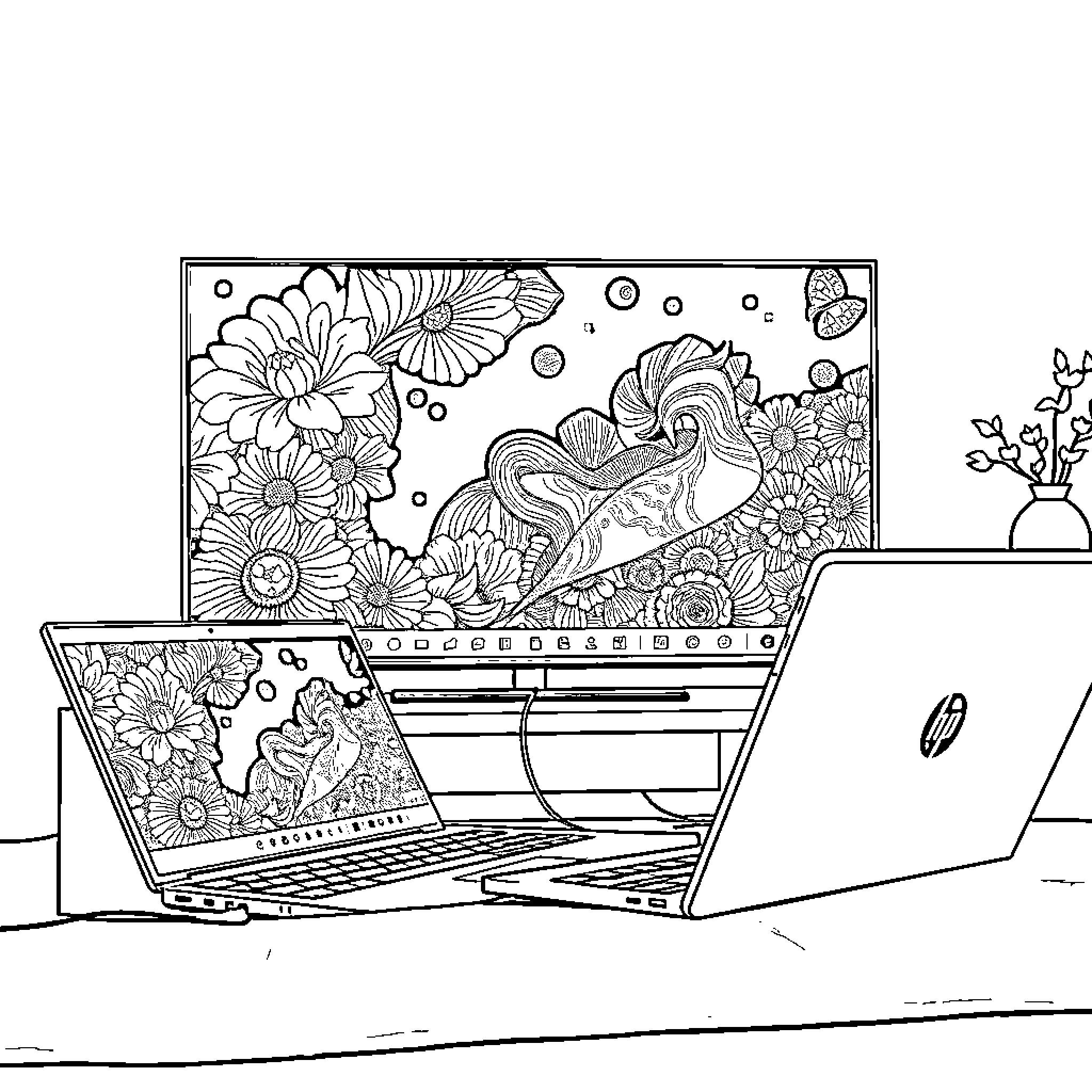 HP Chromebook with Floral Artwork Display Coloring Page (free black-and-white line drawing printable PDF for all, from beginners to advanced learners, including children, teens, adults, and seniors)