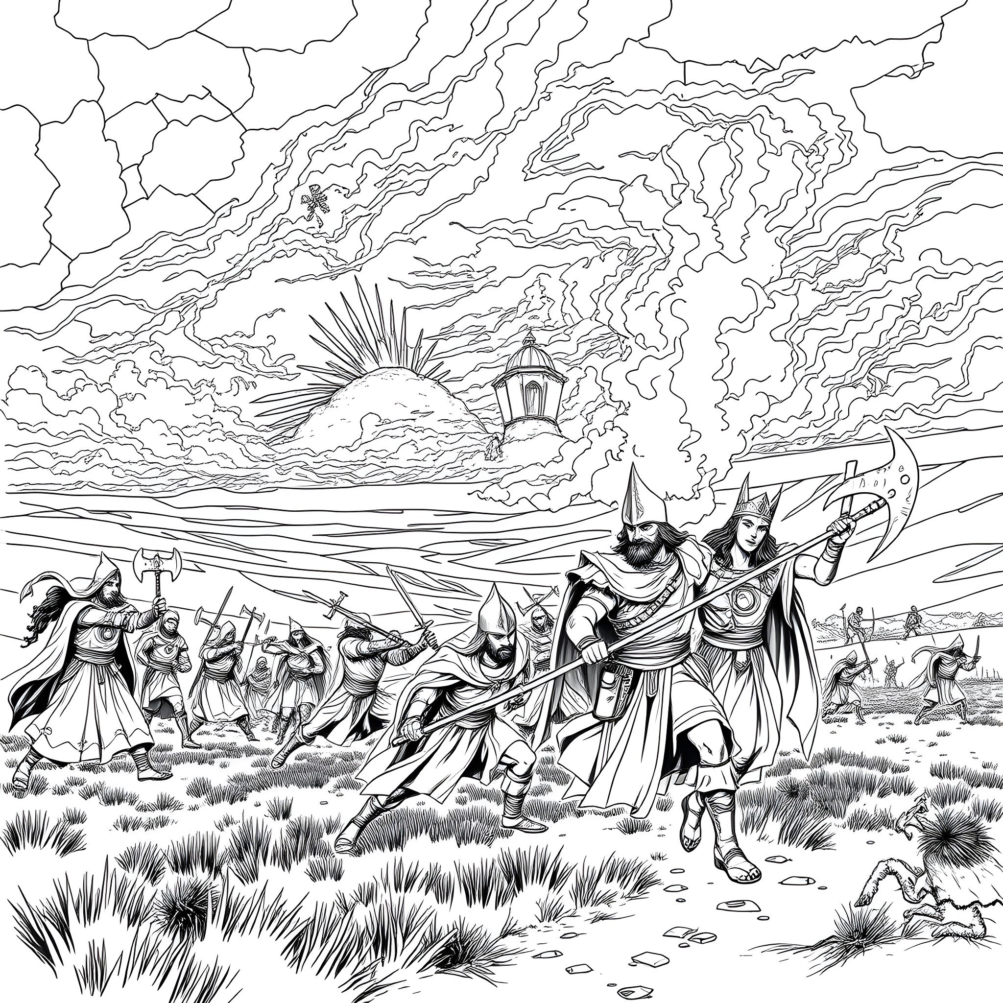 Wizard's Heroic Battle Amidst Dramatic Skies Coloring Page (free black-and-white line drawing printable PDF for all, from beginners to advanced learners, including children, teens, adults, and seniors)
