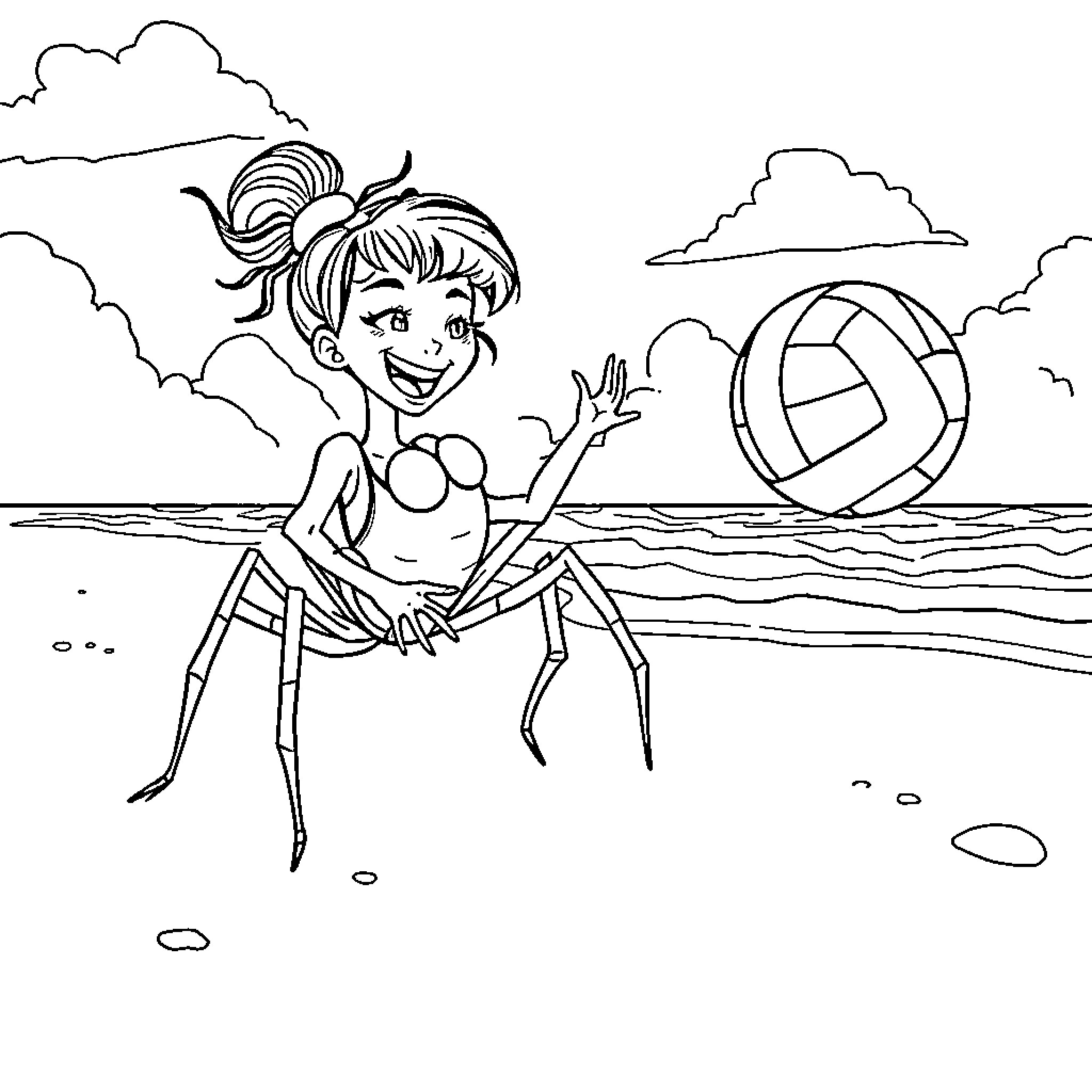 Spider-like girl playing with beach ball on the shore Coloring Page (free black-and-white line drawing printable PDF for all, from beginners to advanced learners, including children, teens, adults, and seniors)