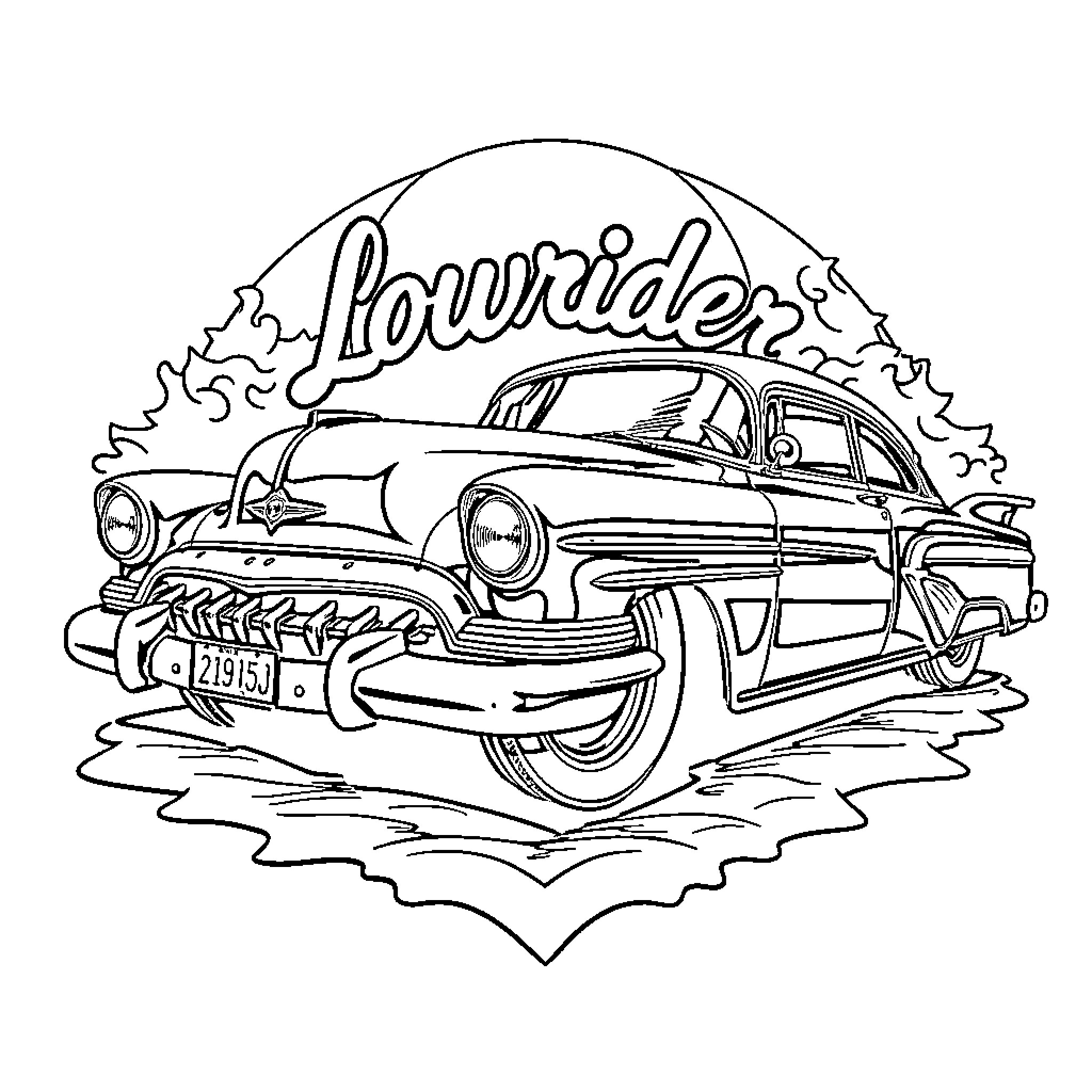 Lowrider classic car in retro style Coloring Page (free black-and-white line drawing printable PDF for all, from beginners to advanced learners, including children, teens, adults, and seniors)
